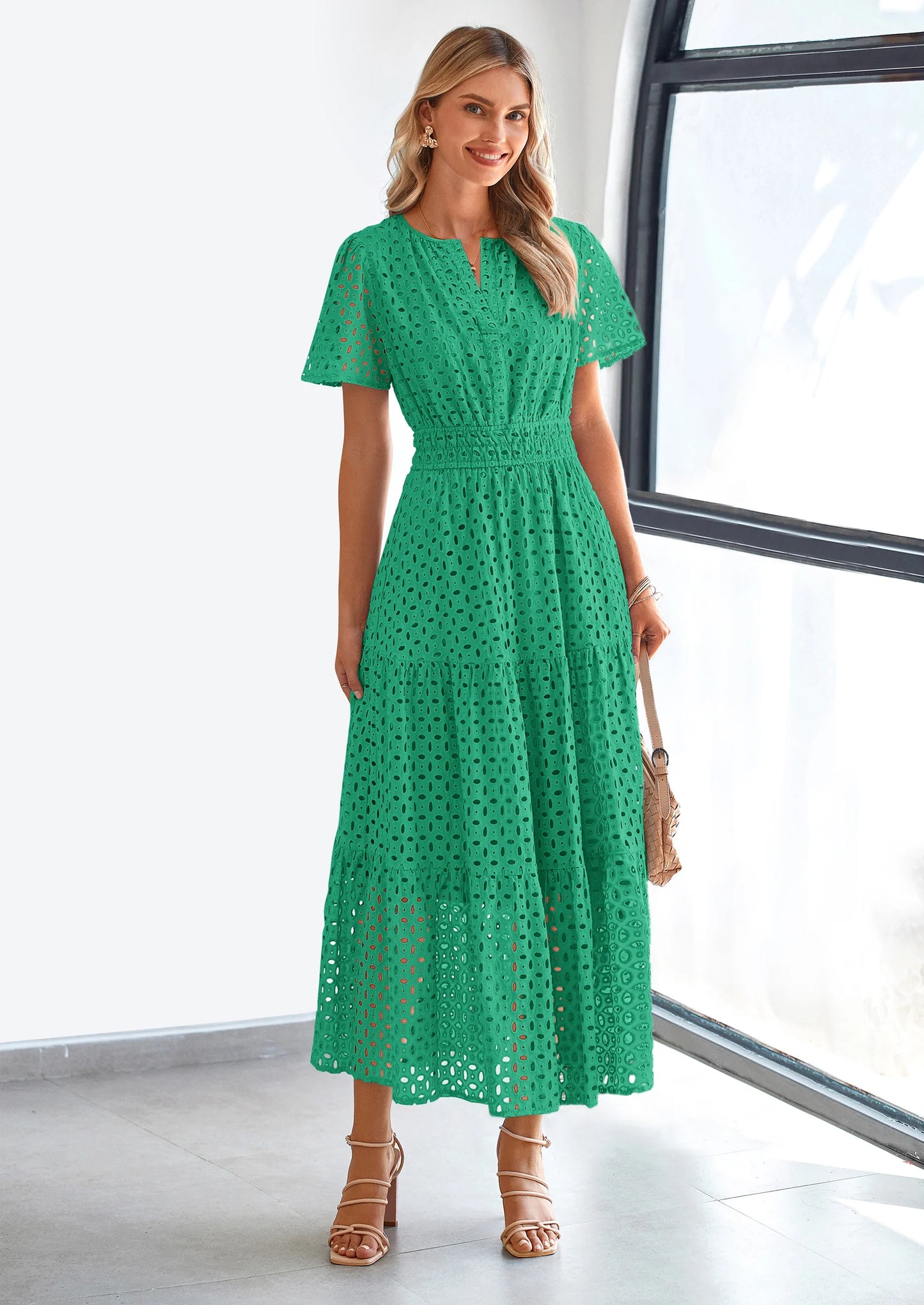 Womens Maxi Dress Short Sleeve V Neck Hollow Out Eyelet A Line Long Flowy Beach Vacation Dresses