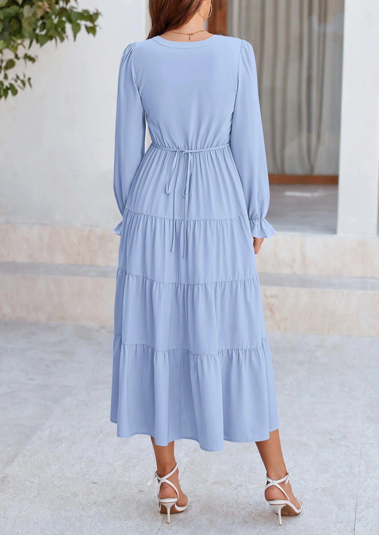 Women Fall Long Sleeve Smocked Maxi Dress Casual Square Neck Swiss Dot Tiered Ruffle Flowy Spring Pocket Dresses
