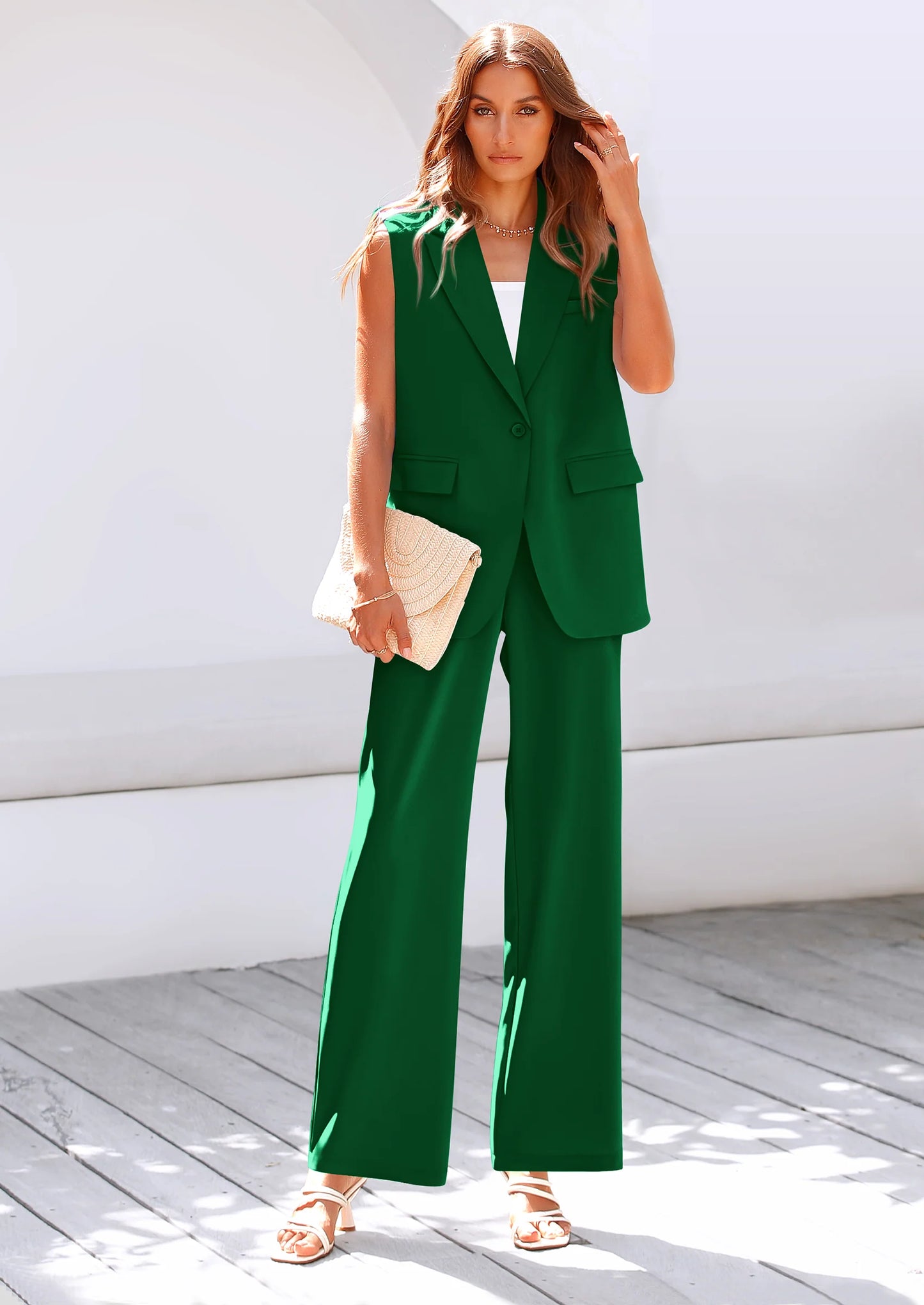 Women's 2 Piece Outfits Sleeveless Suit Vest and Wide Leg Pants Business Casual Blazer Sets