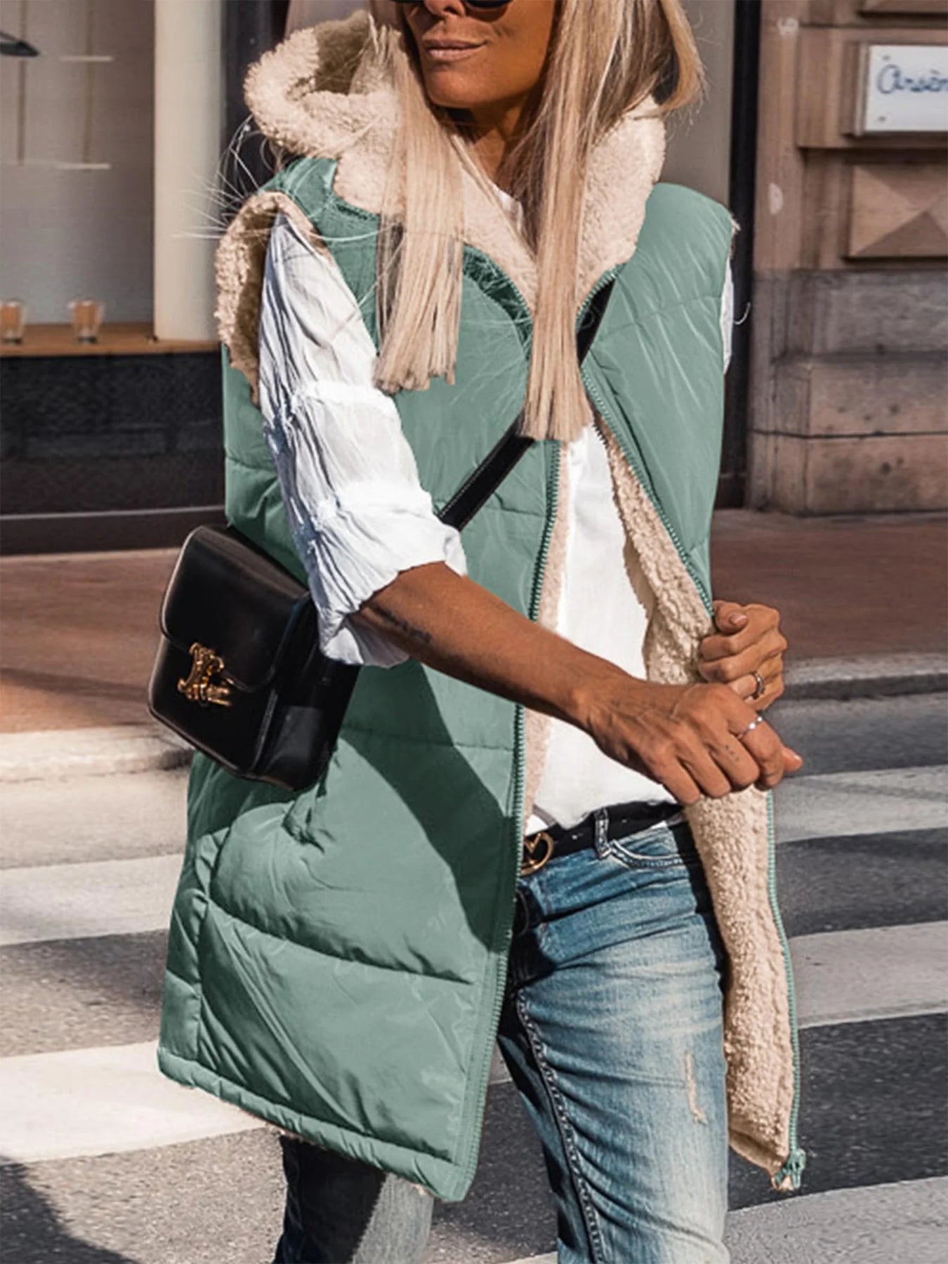 Womens Fall Reversible Vests Sleeveless Fleece Jacket Zip Up Hoodie Pockets Long Warm Winter Coat Outerwear
