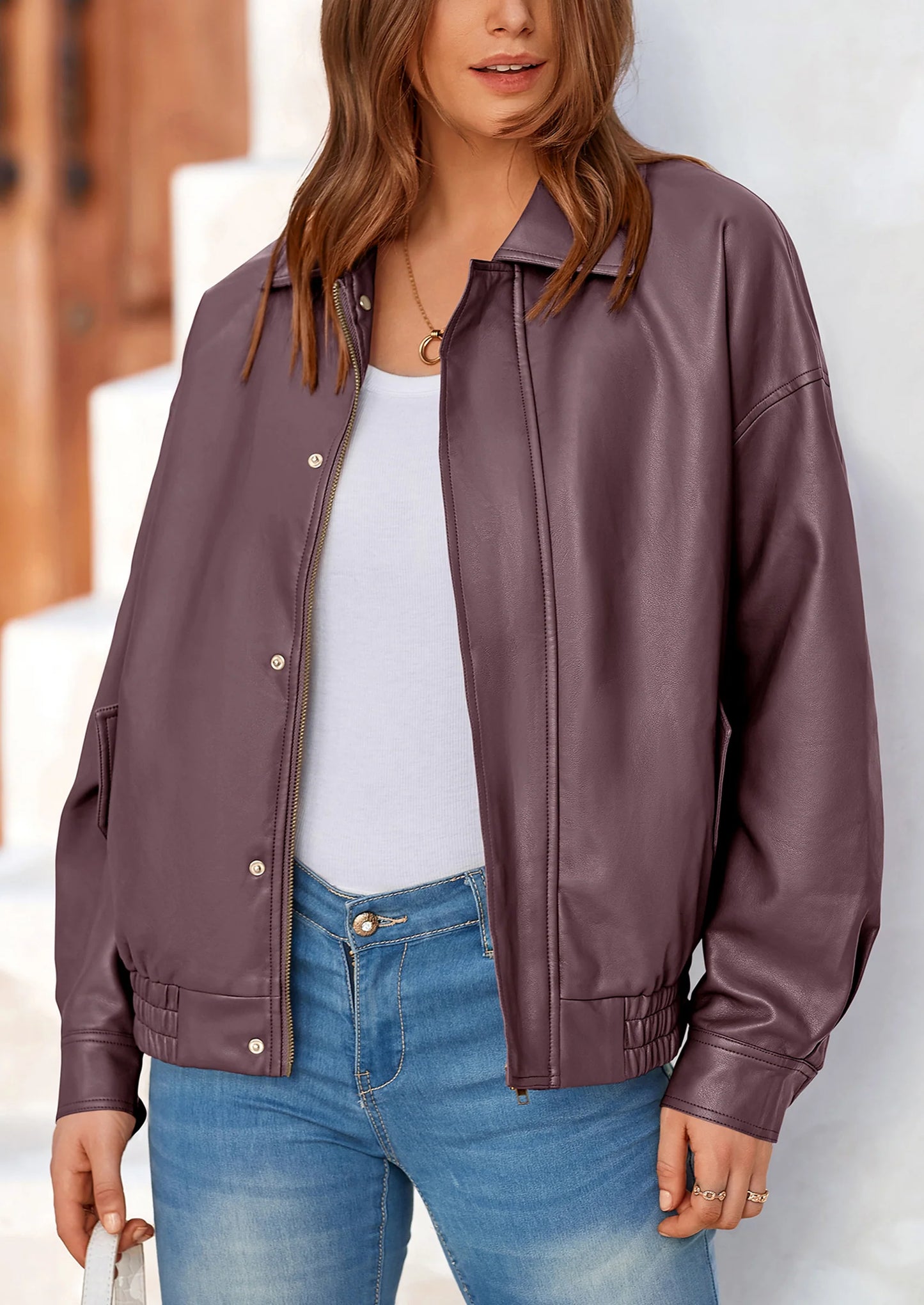Women's Faux Leather Motorcycle Jacket Trendy Fall Spring Clothes Oversized Zip Up Winter Coat Outerwear