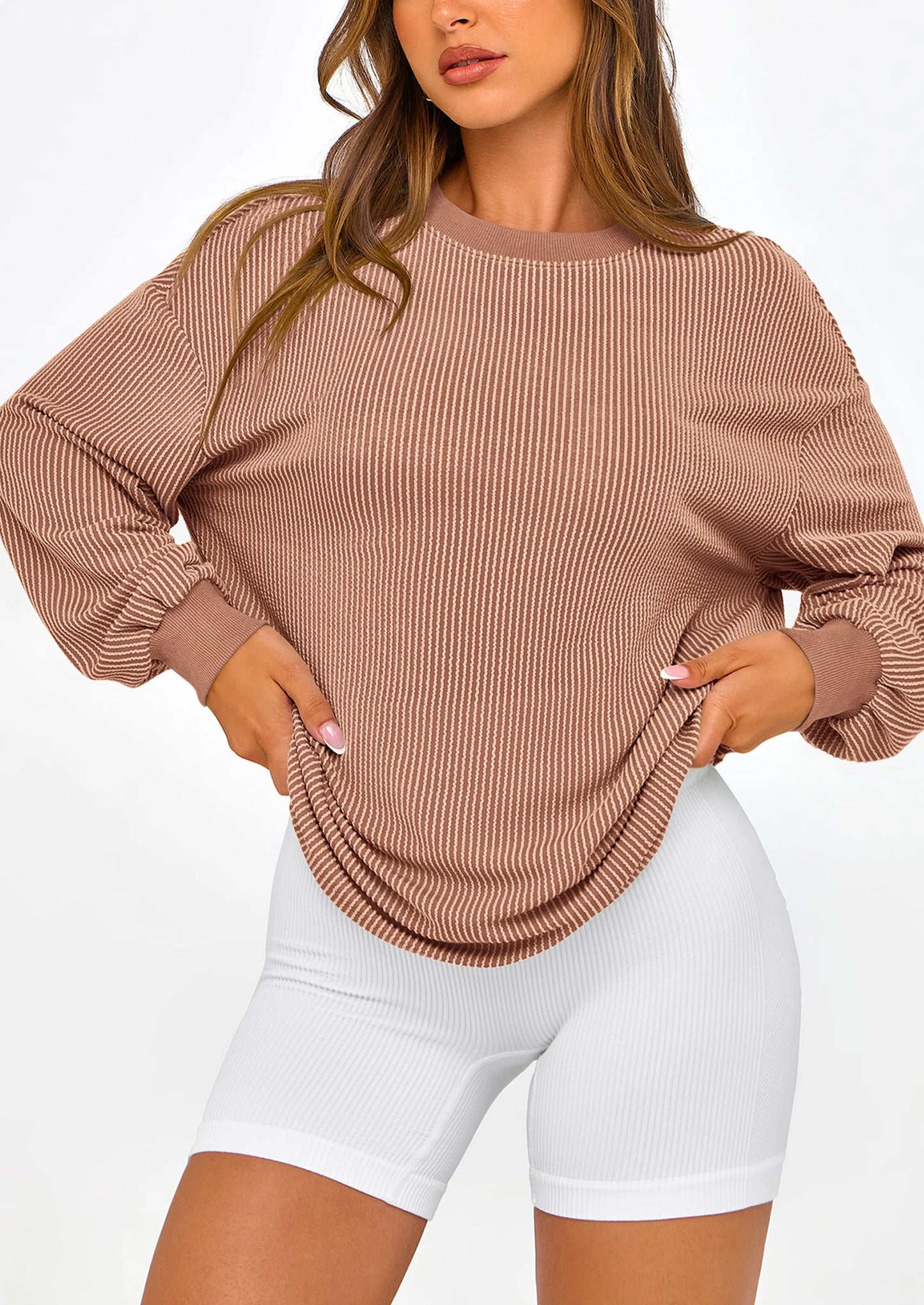 Women's Long Sleeve Tee Shirts Spring Fall Trendy Clothes Casual Loose Crewneck Ribbed Blouse Tunic Tops