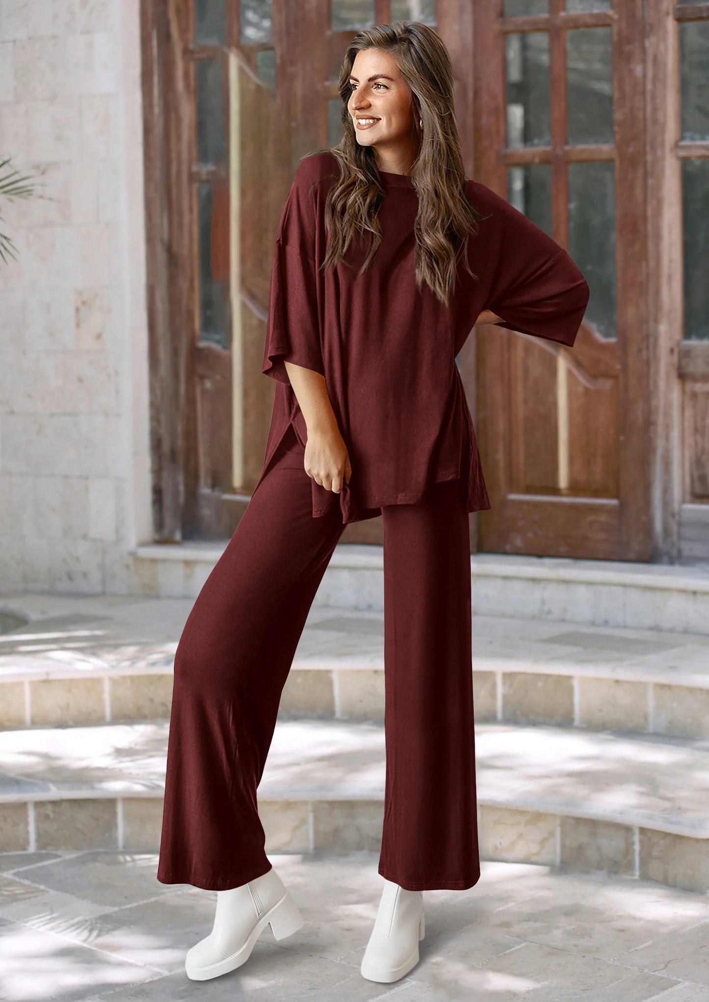 Women's 2 Piece Outfits Casual Short Sleeve Pullover Tops and Wide Leg Pants Lounge Sets Tracksuits