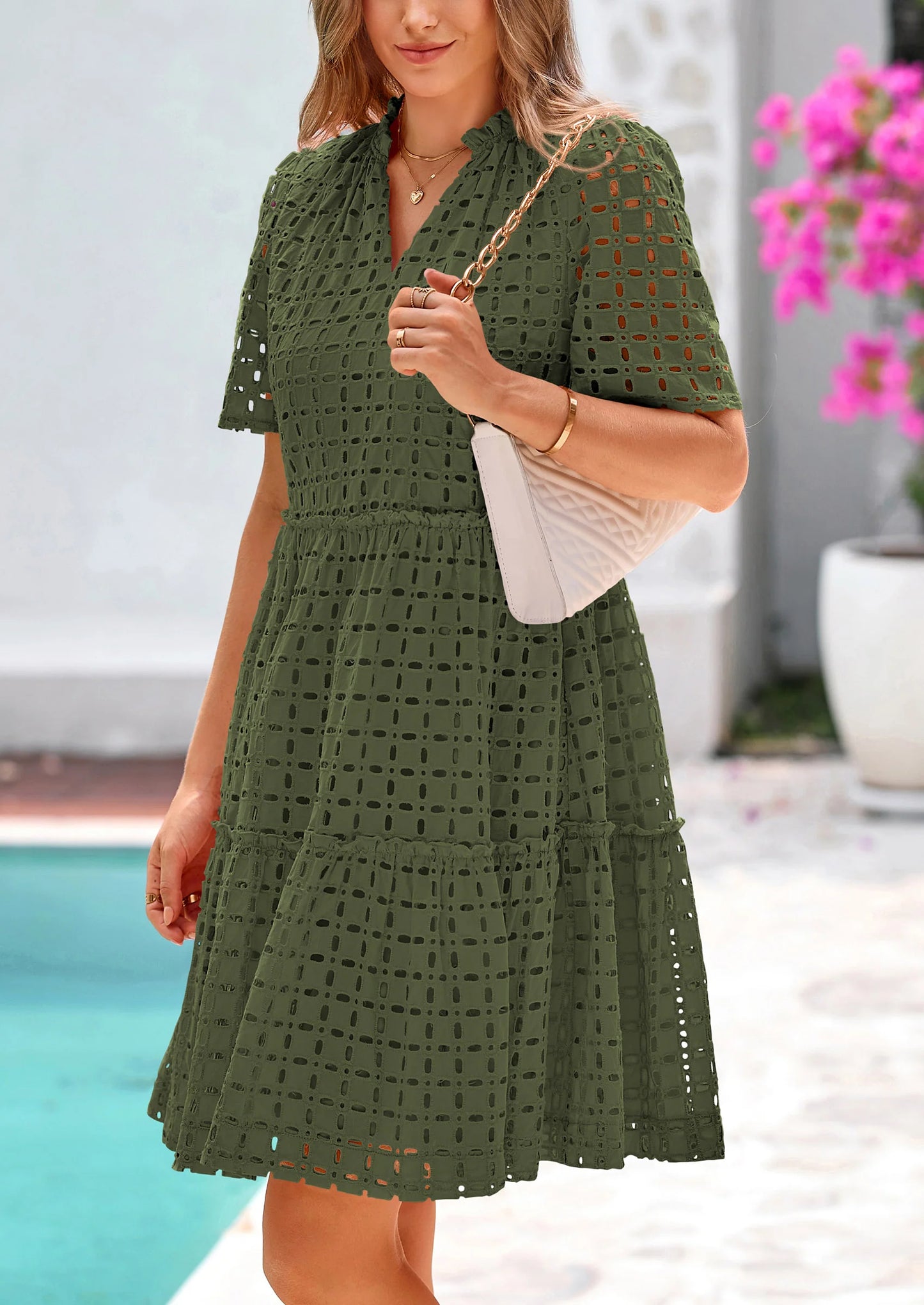 Women's Short Sleeve Mini Dress Summer V Neck Hollow Out Eyelet Ruffle A Line Swing Short Dresses