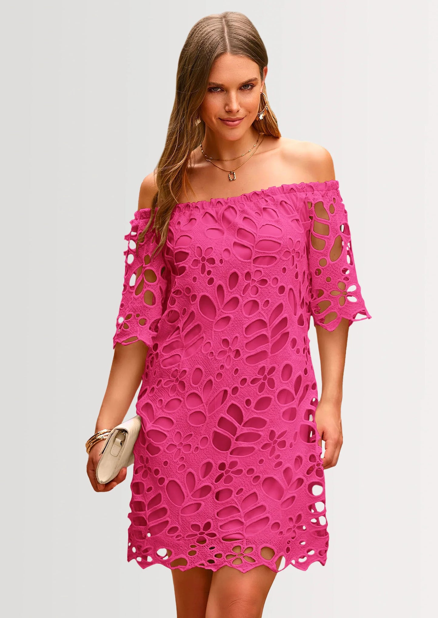 Women's Summer Off Shoulder Dresses Floral Lace Flare Short Sleeve Spring Vintage Elegant Mini Dress