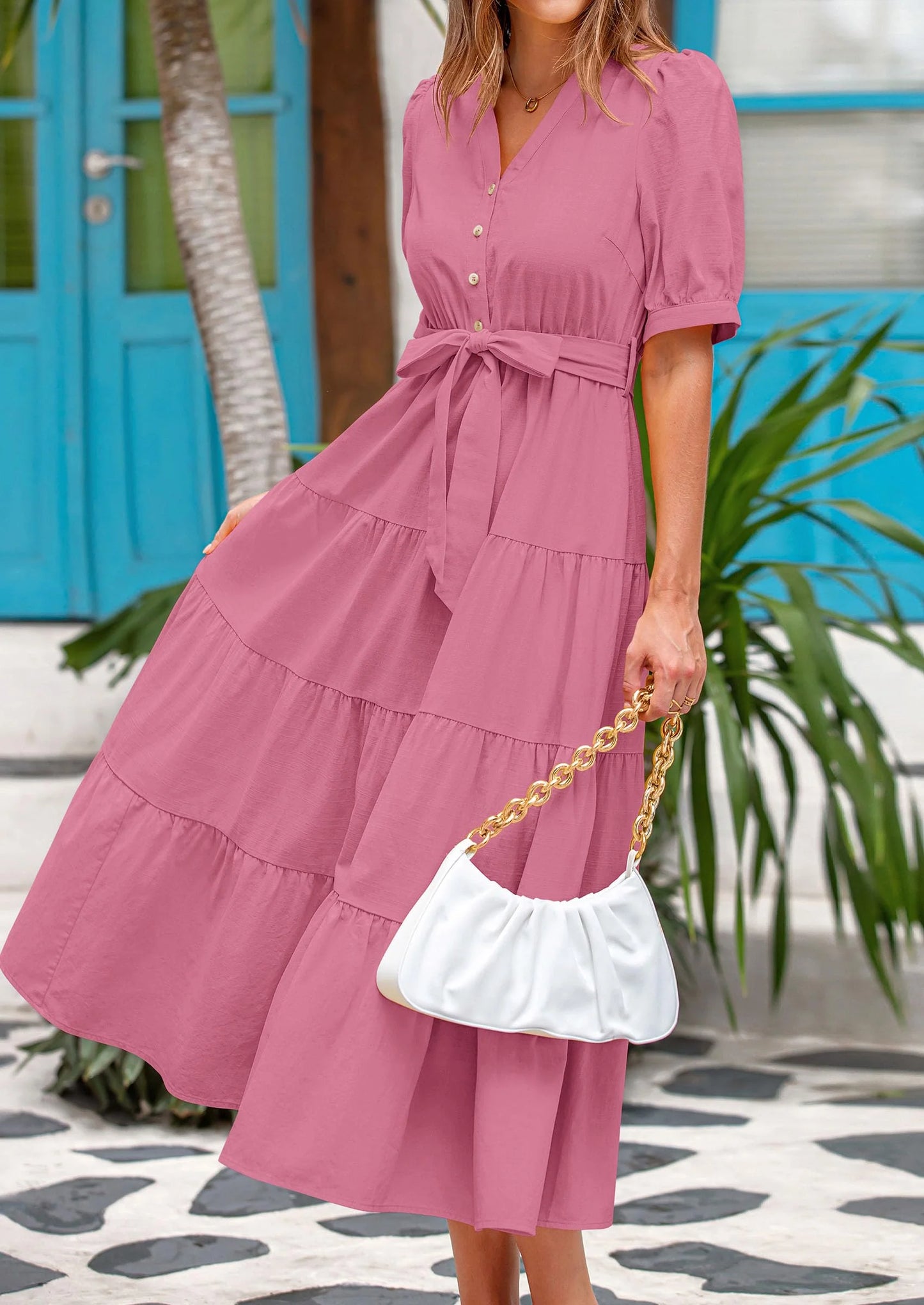 Women's Midi Dress Casual Short Sleeve V Neck Buttons Belted Ruffle A Line Flowy Dress with Pockets