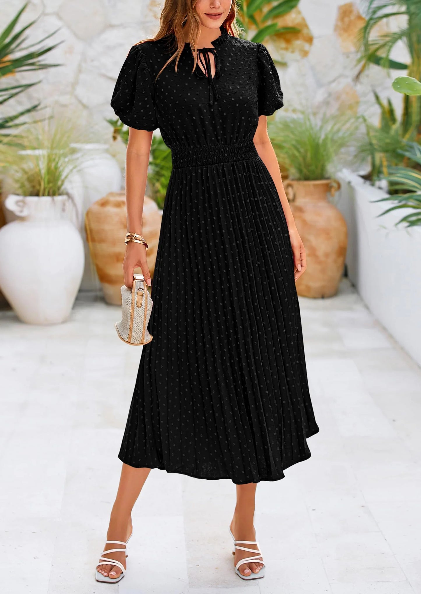 Womens Midi Dresses Puff Short Sleeve V Neck Swiss Dot Pleated A Line Flowy Long Wedding Guest Dress