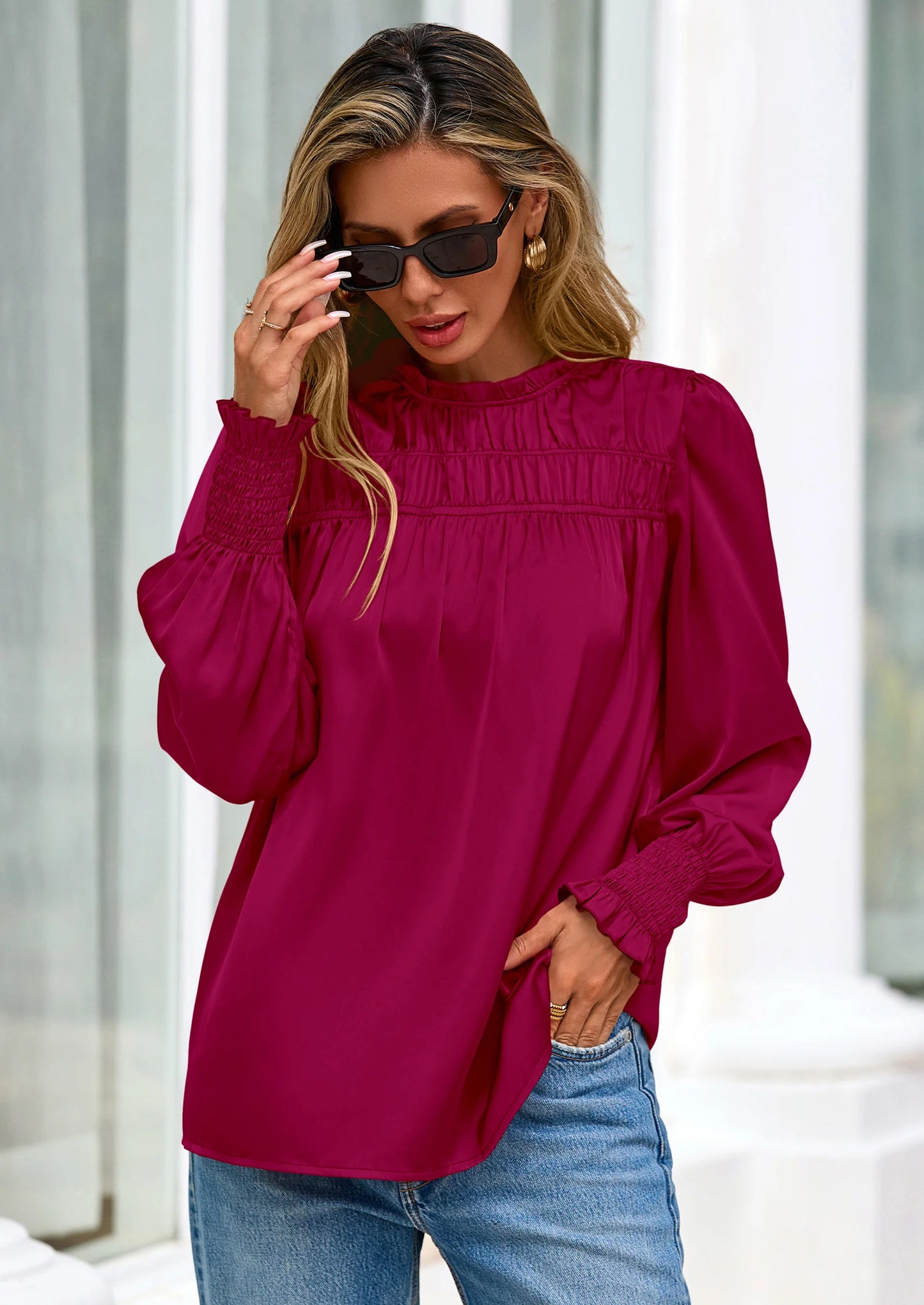 Blouses for Women Dressy Casual Fall Outfits Frill Neck Long Sleeve Shirts Satin Work Business Casual Tops