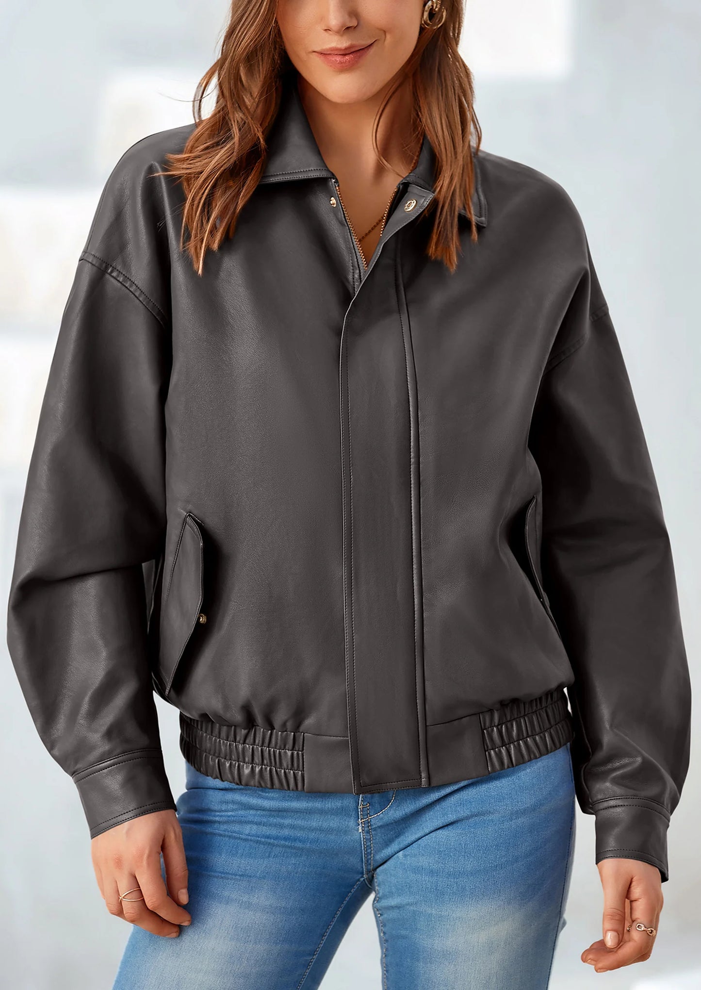 Women's Faux Leather Motorcycle Jacket Trendy Fall Spring Clothes Oversized Zip Up Winter Coat Outerwear