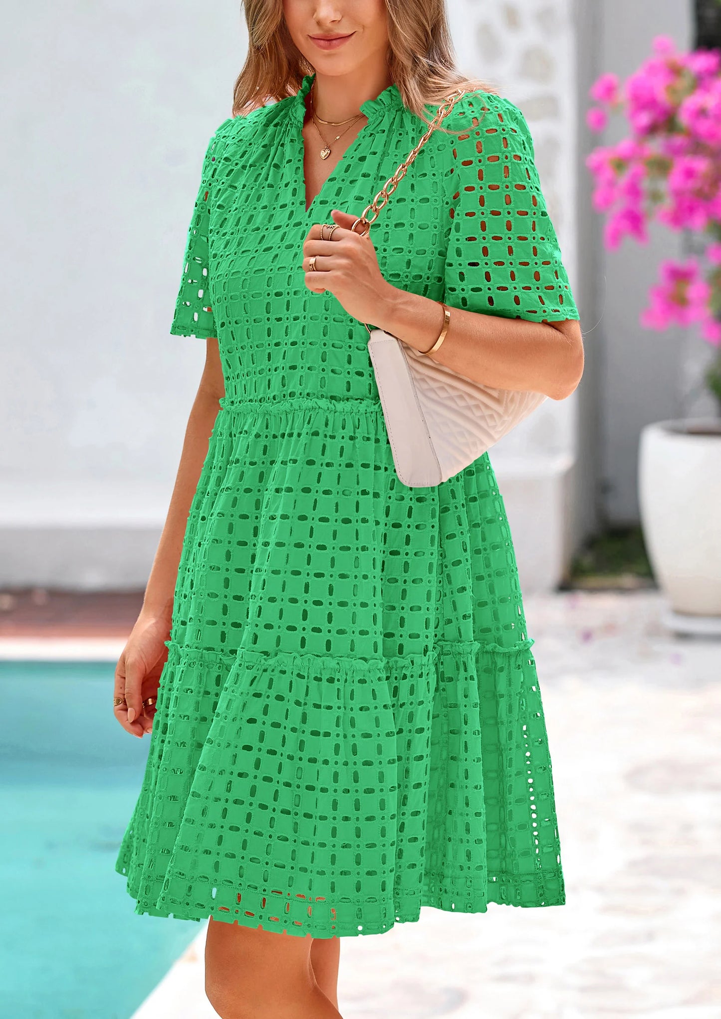 Women's Short Sleeve Mini Dress Summer V Neck Hollow Out Eyelet Ruffle A Line Swing Short Dresses
