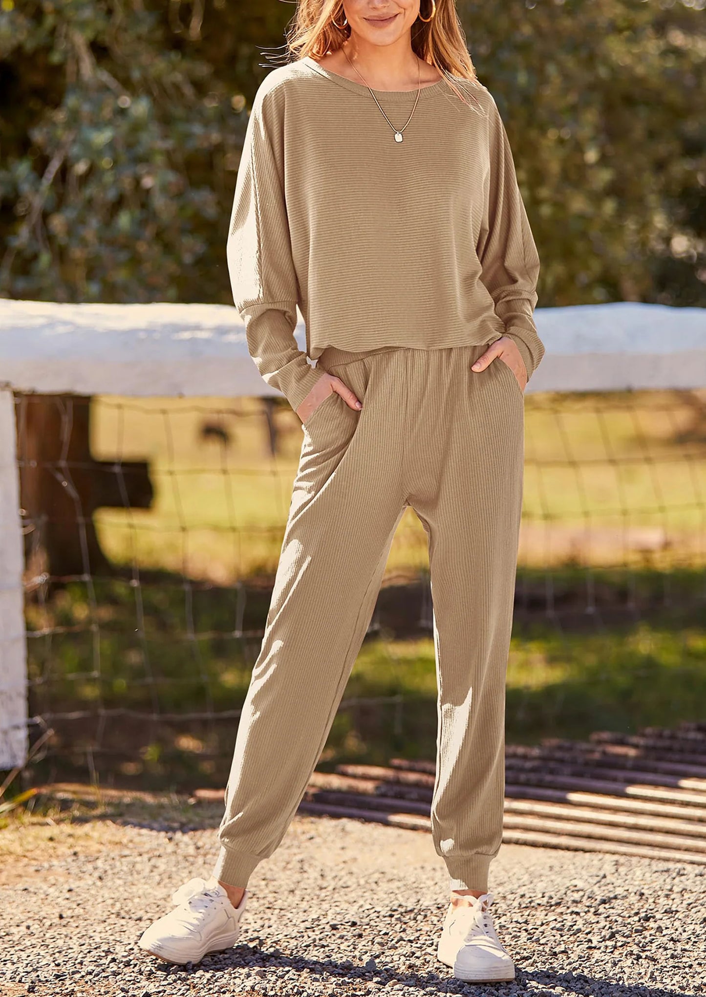 Women's Fall 2 Piece Lounge Set Long Sleeve Tops Ribbed Pants Spring Matching Sweatsuit Travel Outfits Clothes
