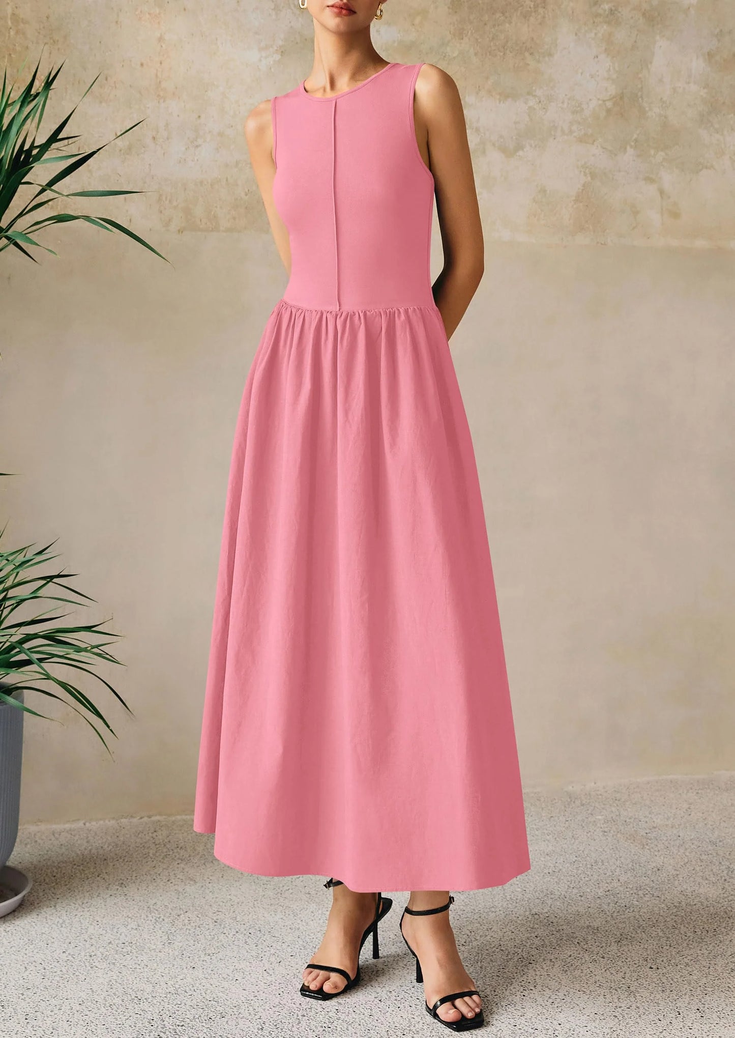 Women Maxi Dresses Casual Sleeveless Patchwork Knit Tank Dress Flowy Beach Sundress Long Dress
