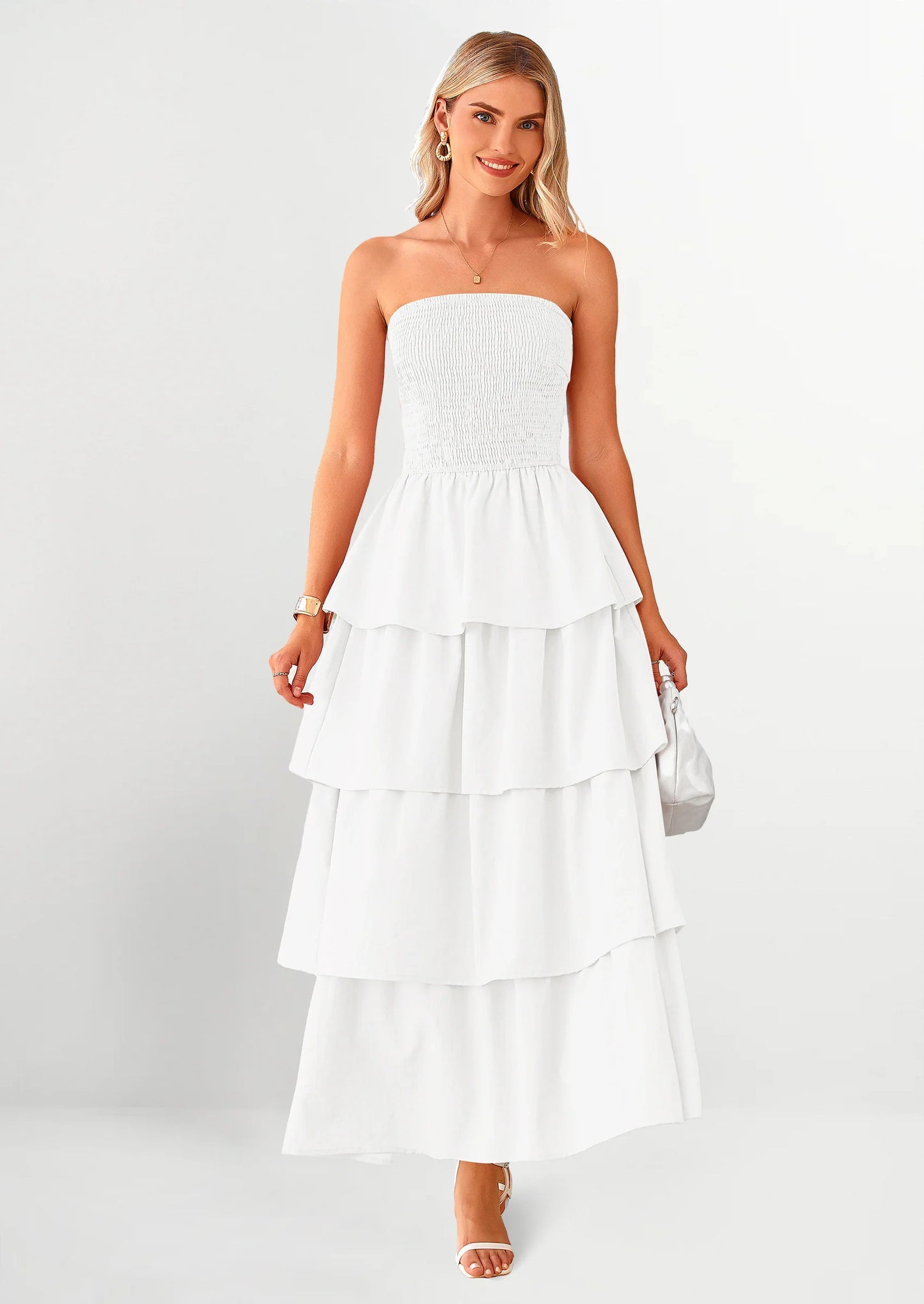 Maxi Dresses for Women Off Shoulder Smocked Tiered Ruffle Long Flowy Wedding Guest Dress