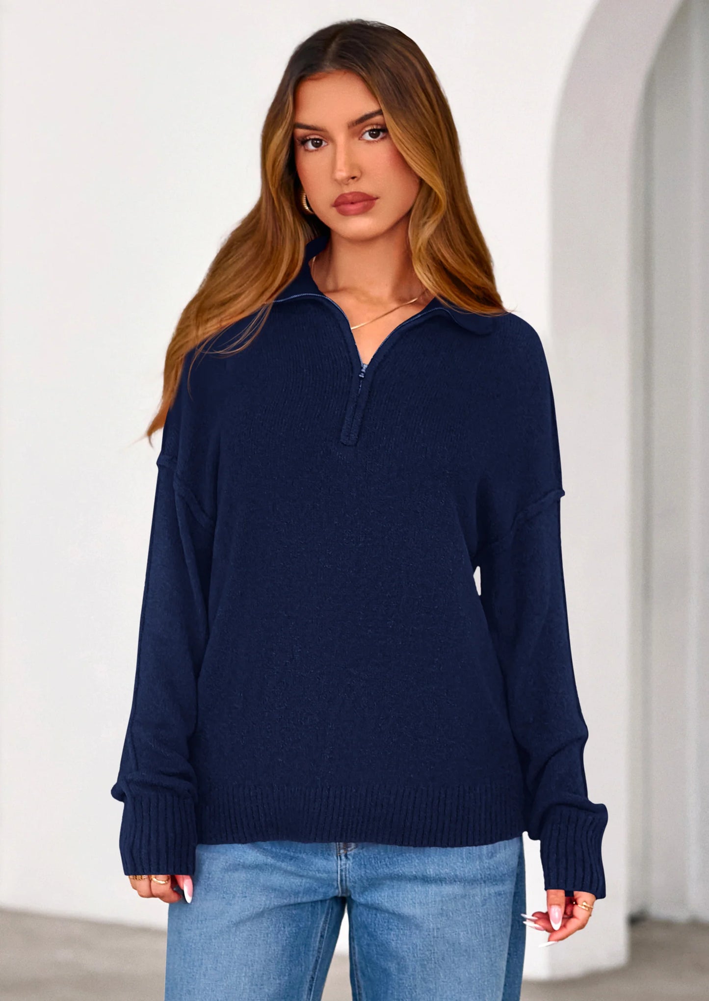 Womens Sweaters Quarter Zip Pullover Early Fall Fashion Long Sleeve V Neck Collared Knit Winter Jumper Tops