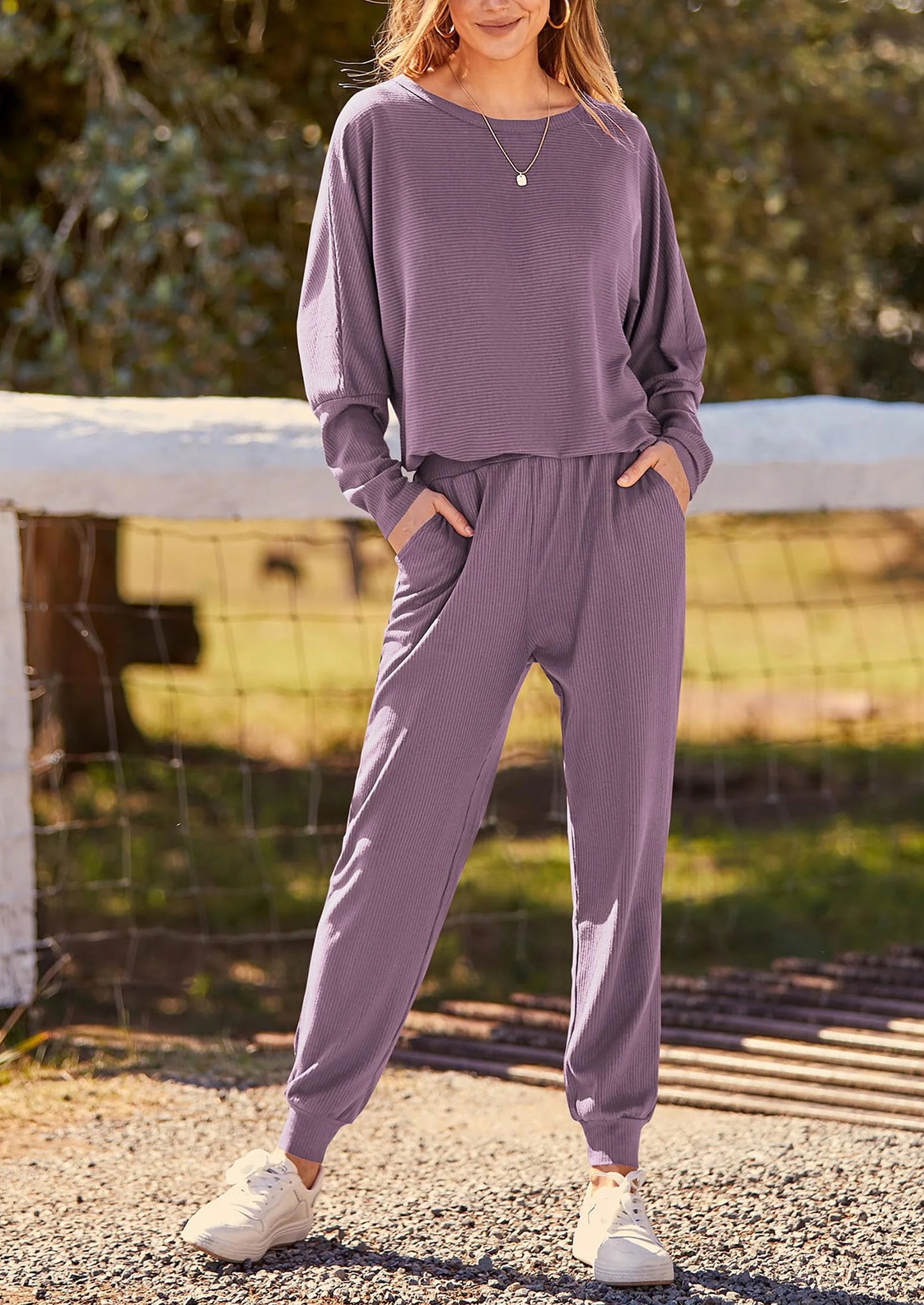 Women's Fall 2 Piece Lounge Set Long Sleeve Tops Ribbed Pants Spring Matching Sweatsuit Travel Outfits Clothes