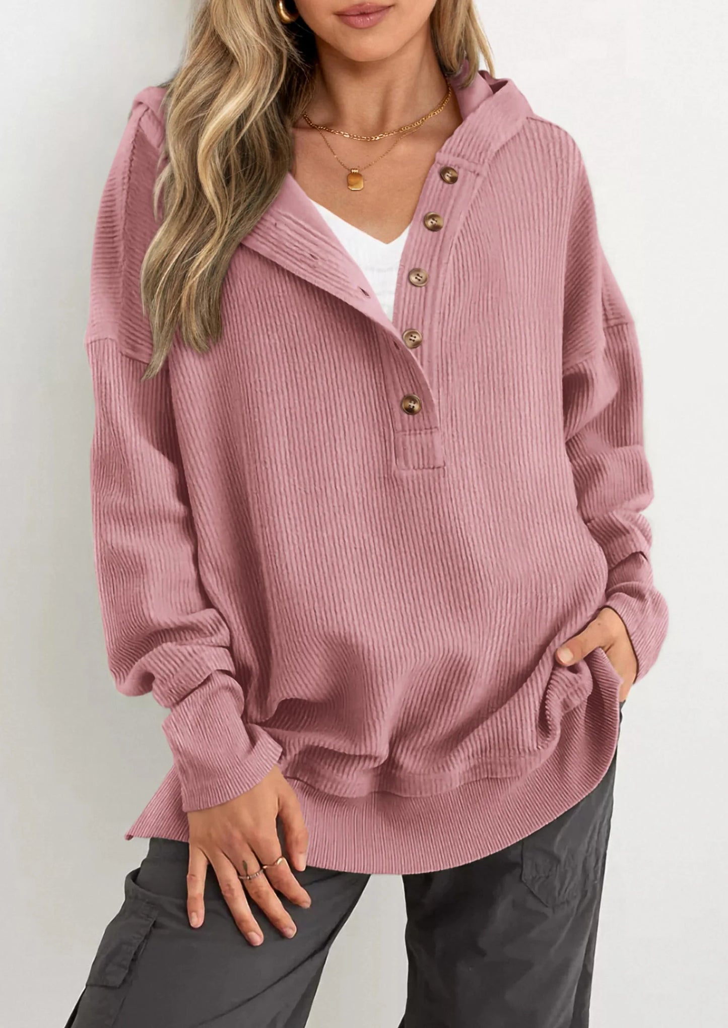Womens Fashion Oversized Long Sleeve Hoodie Button Down V Neck Sweatshirt Side Slit Casual Pullover Tops