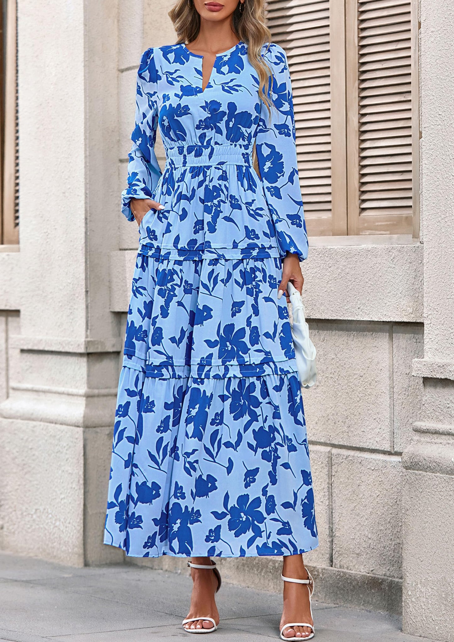 Women's Fall Boho Maxi Dresses Floral Long Sleeve V Neck Flowy Elegant Wedding Guest Dress Vacation Outfits