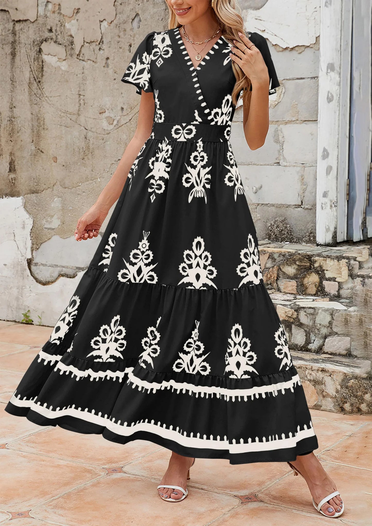 Womens Casual V Neck Boho Maxi Dress Flowy Aline Bell Sleeve Tiered Floral Dresses with Pocket