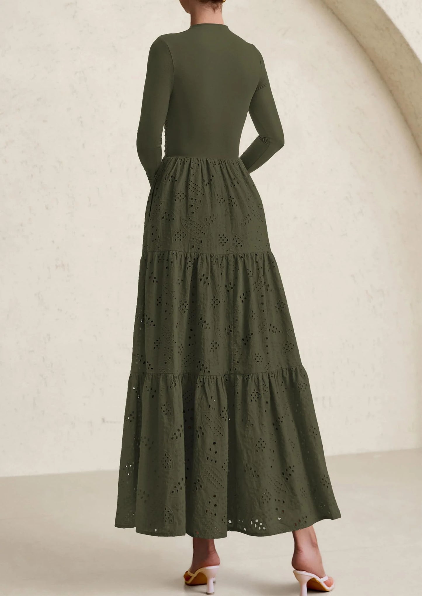 Long Sleeve Dress for Women Fall Eyelet Mock Neck A Line Elegant Classy Maxi Wedding Guest Dresses Pockets