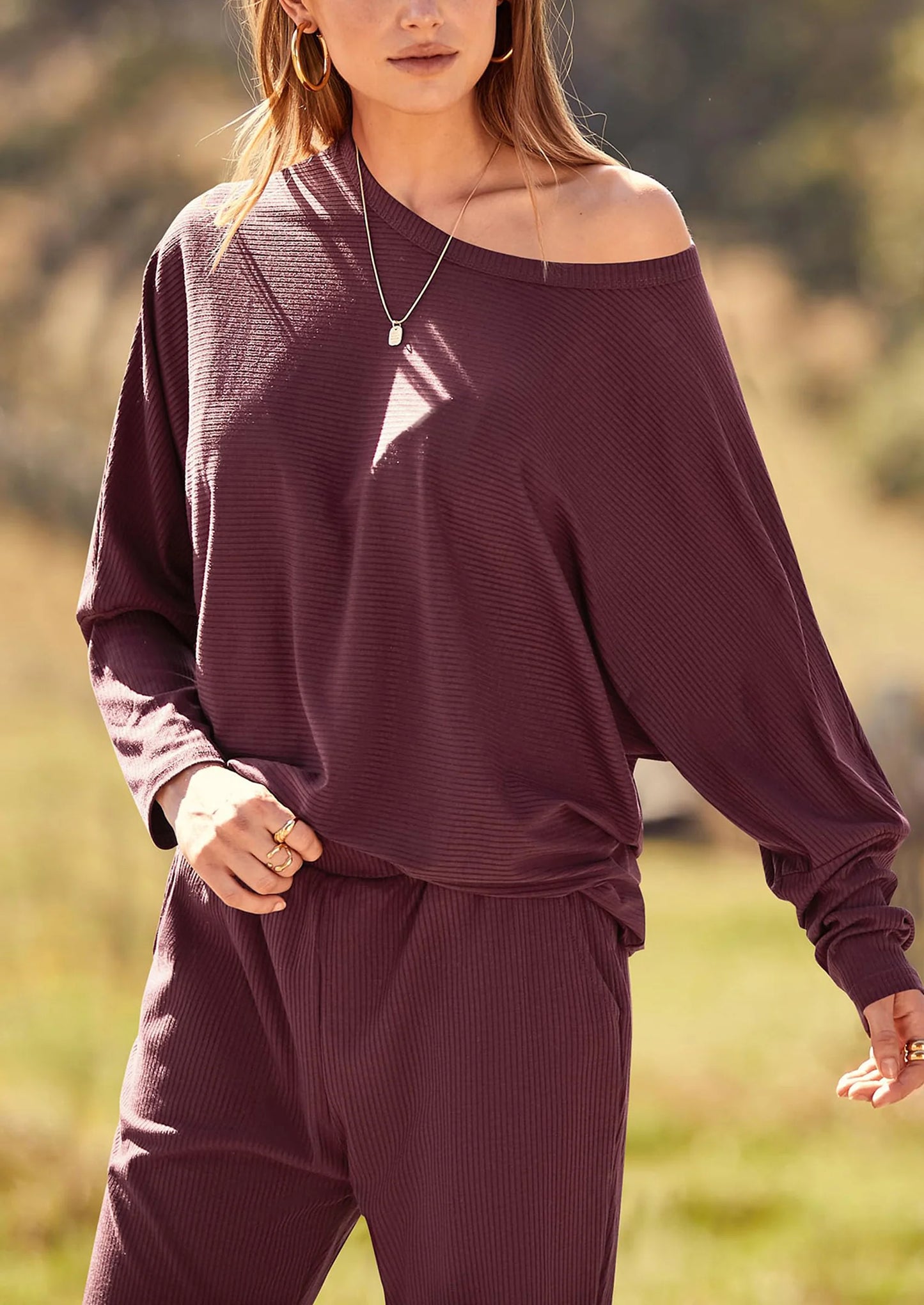 Women's Fall 2 Piece Lounge Set Long Sleeve Tops Ribbed Pants Spring Matching Sweatsuit Travel Outfits Clothes