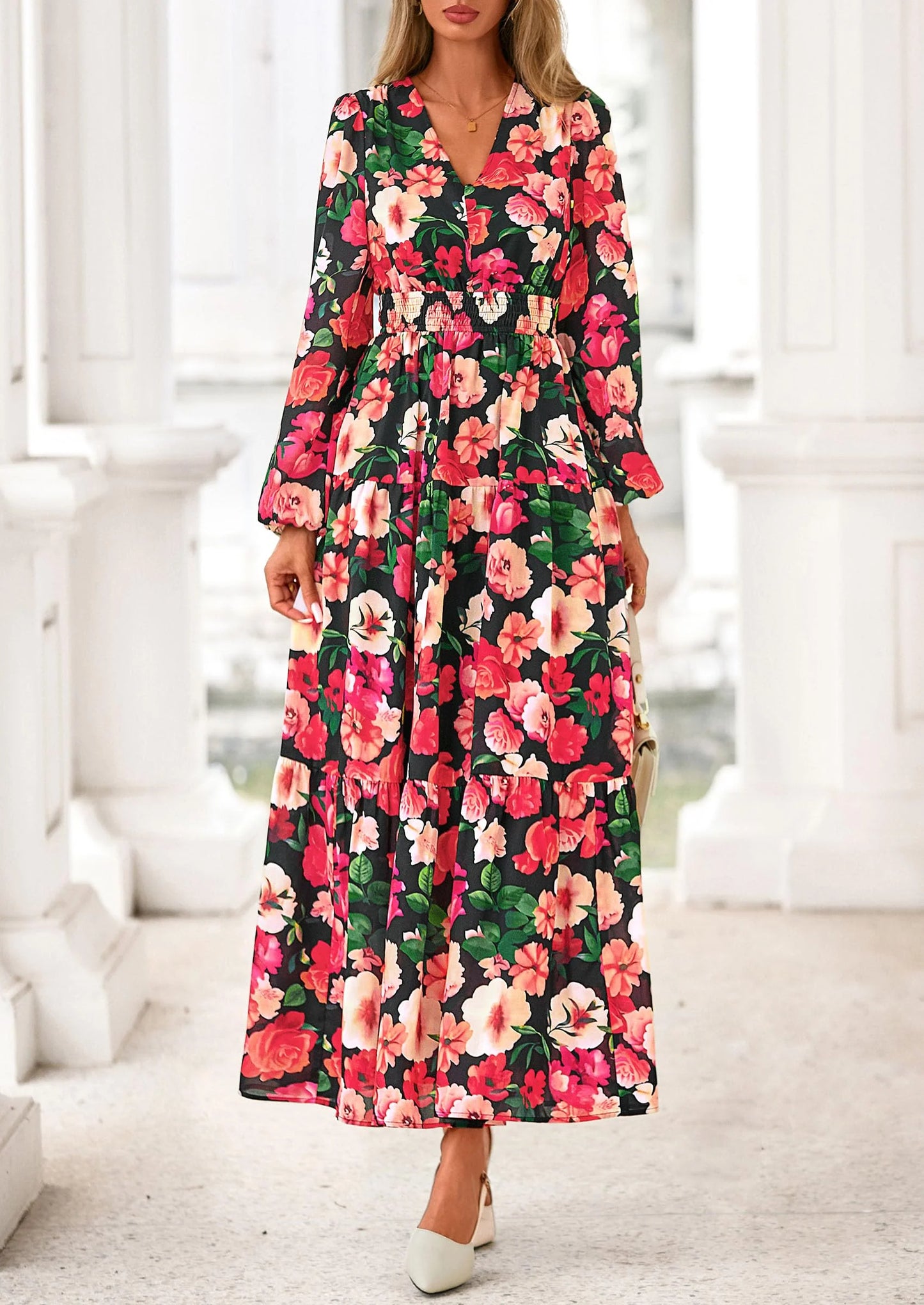Long Sleeve Maxi Fall Dresses for Women Vneck Smocked Boho Floral Tiered Swing Flowy Wedding Guest Dress
