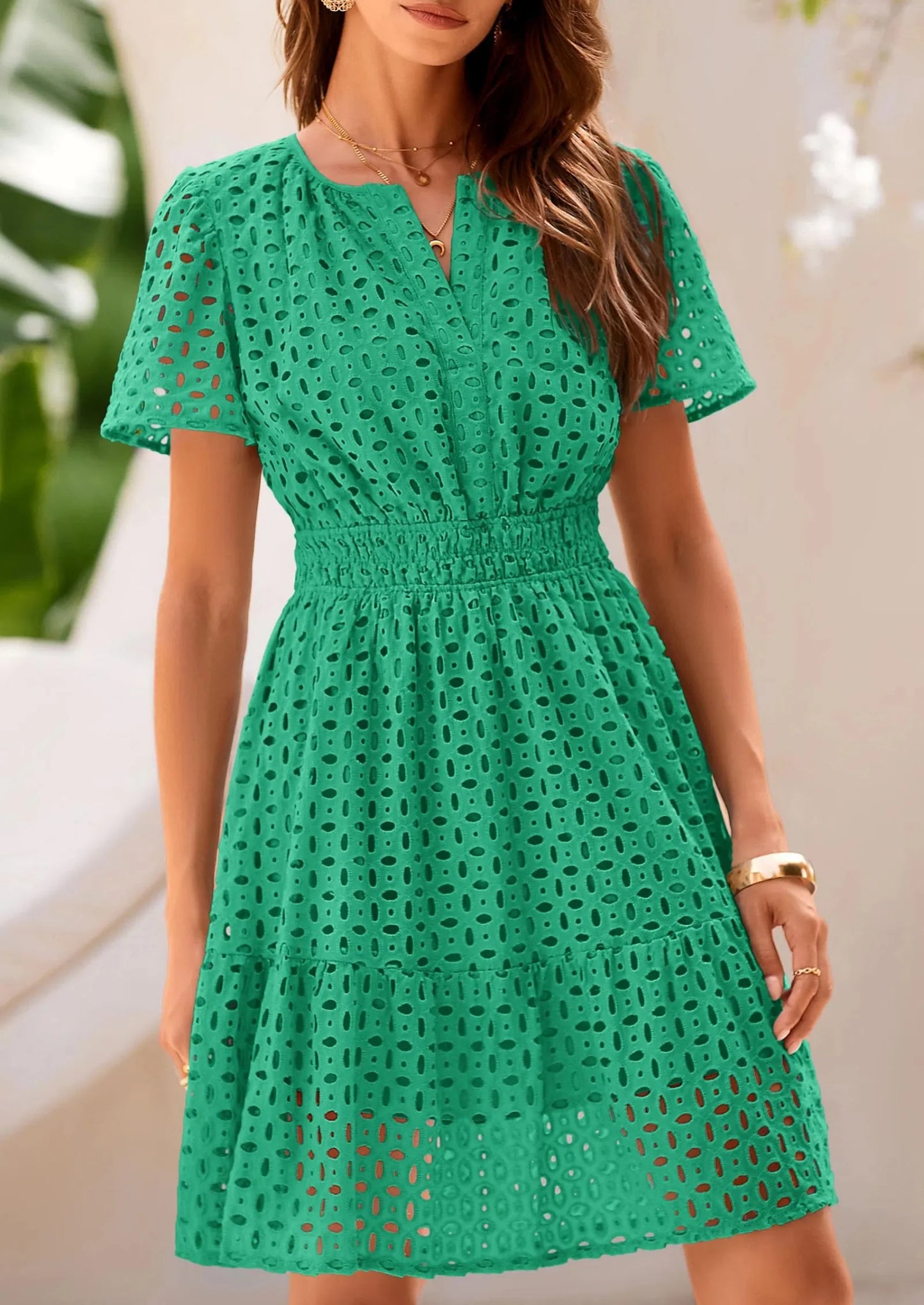 Women Summer Short Dress V Neck Short Sleeve A Line Hollow Out Lace Ruffle Cute Casual Beach Party Dresses