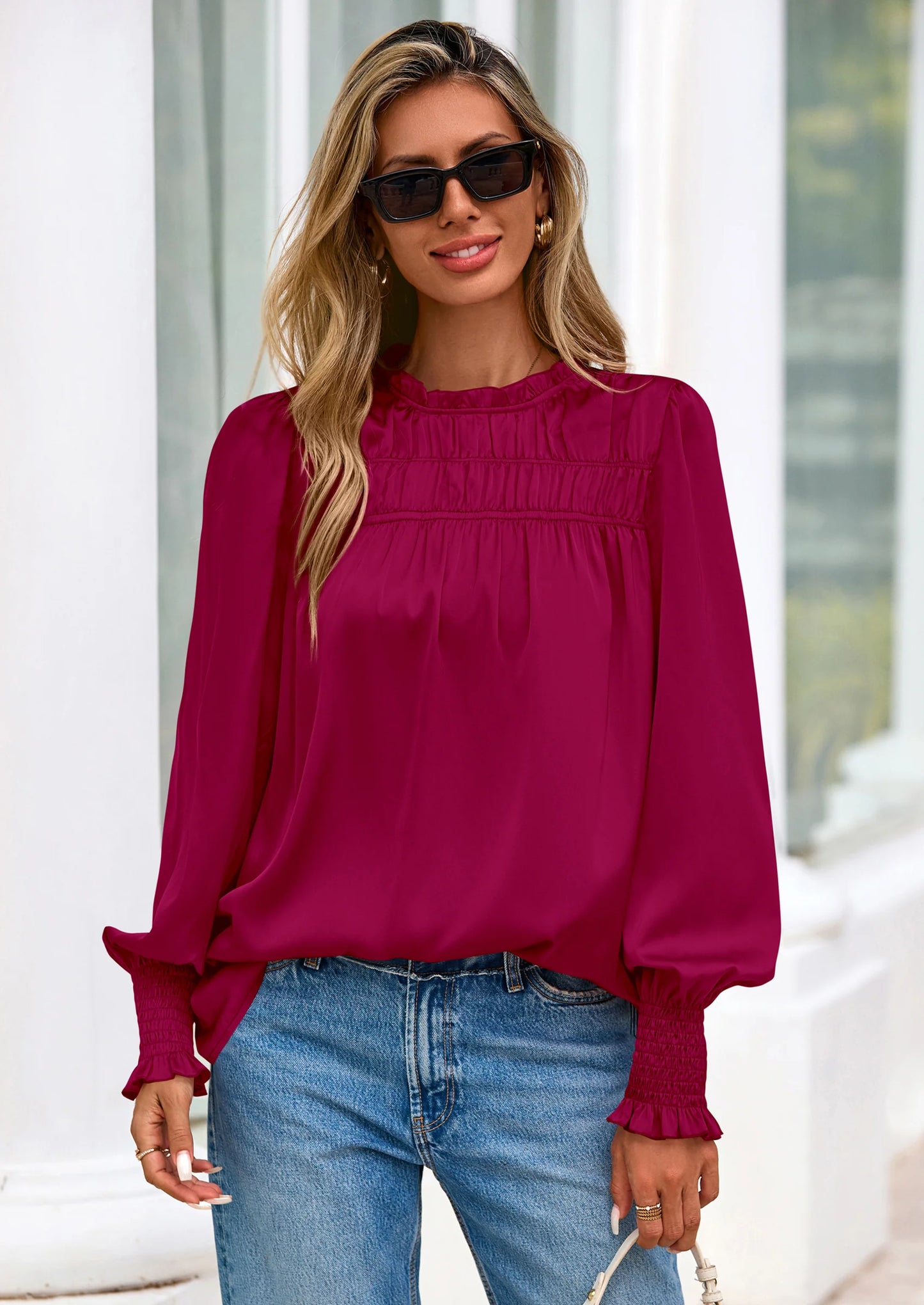 Blouses for Women Dressy Casual Fall Outfits Frill Neck Long Sleeve Shirts Satin Work Business Casual Tops