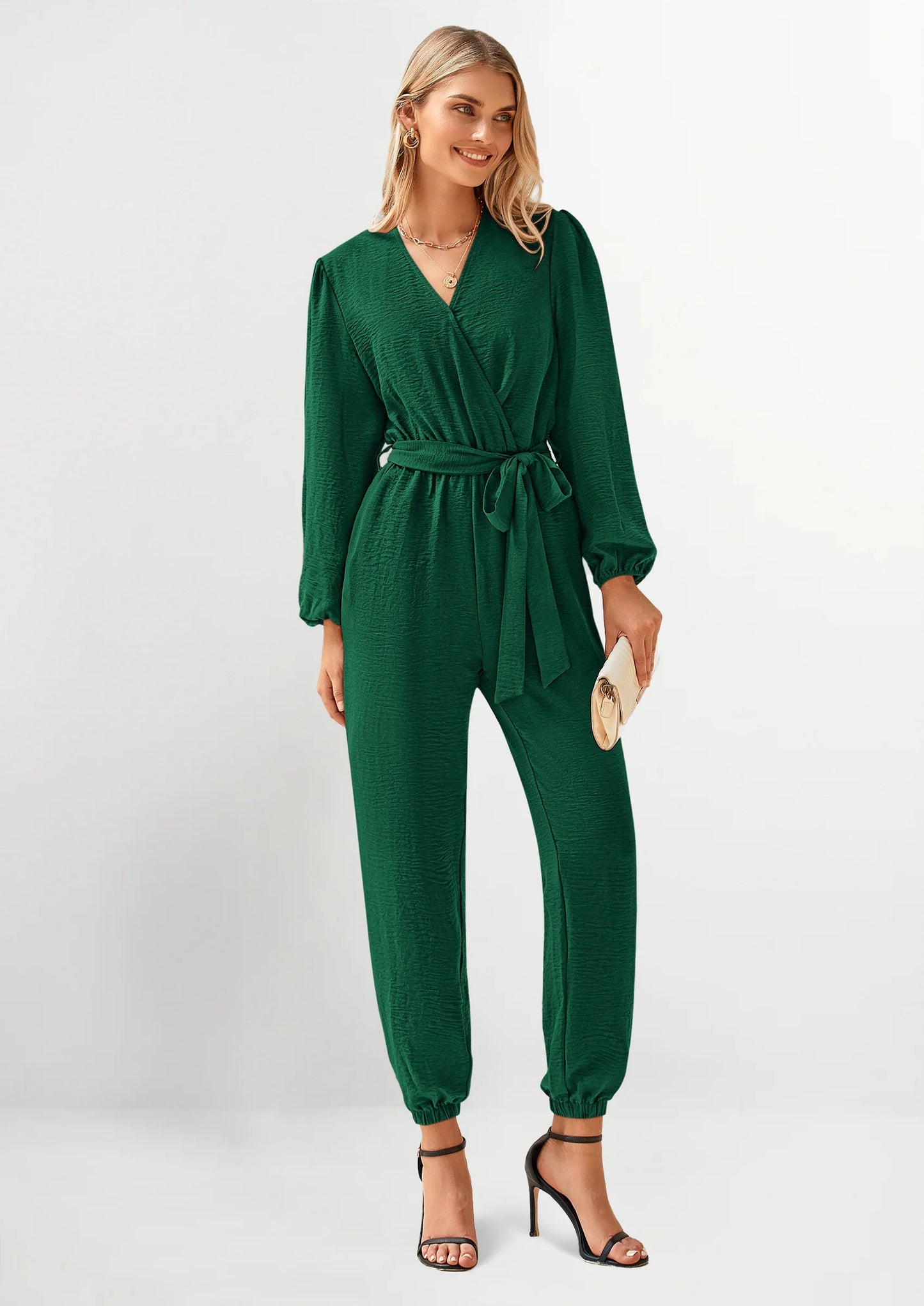 Women's Fall Jumpsuits Dressy Casual Pants Romper Spring Long Sleeve V Neck Belt Pockets One Piece Outfits