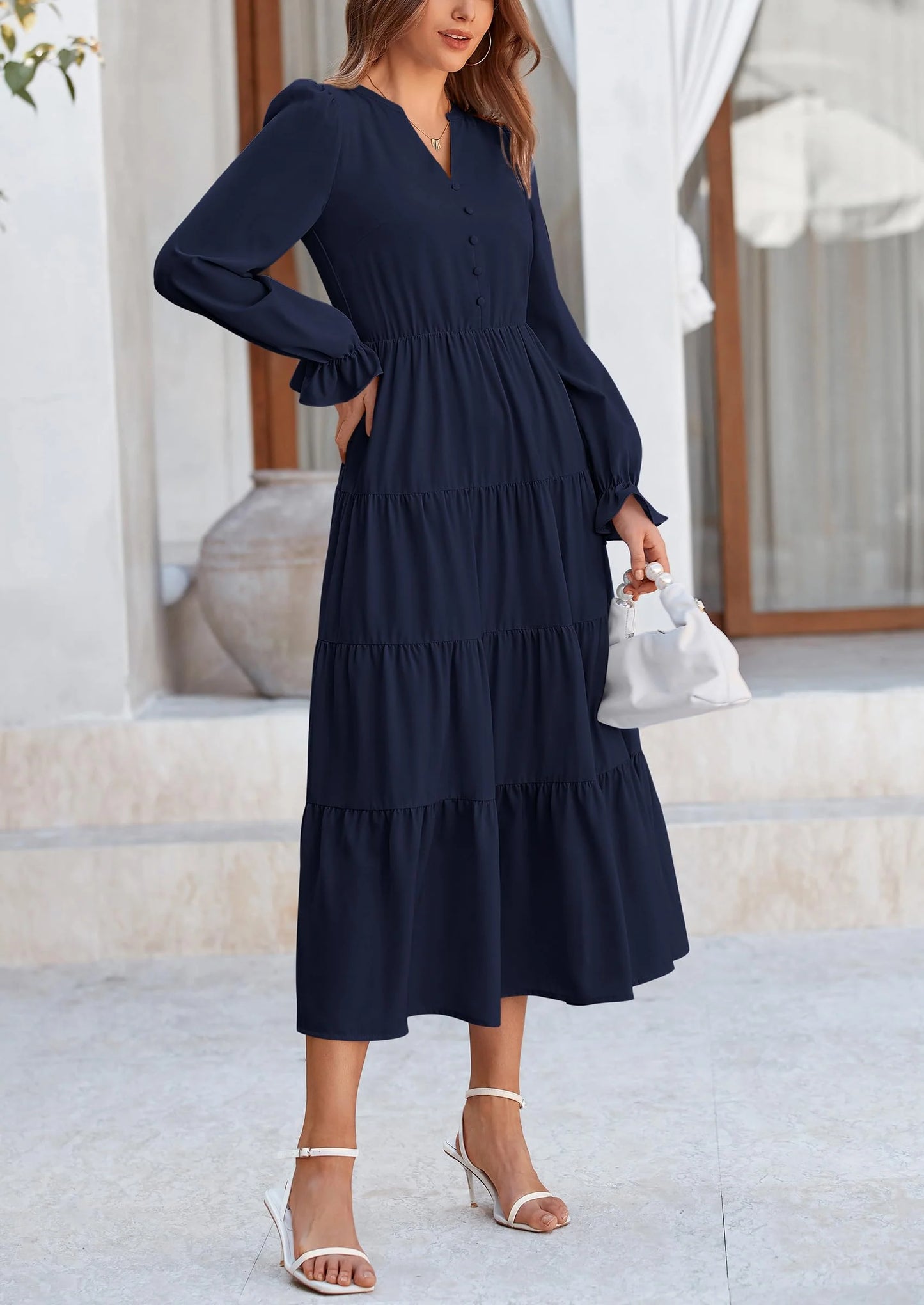 Women Fall Long Sleeve Smocked Maxi Dress Casual Square Neck Swiss Dot Tiered Ruffle Flowy Spring Pocket Dresses
