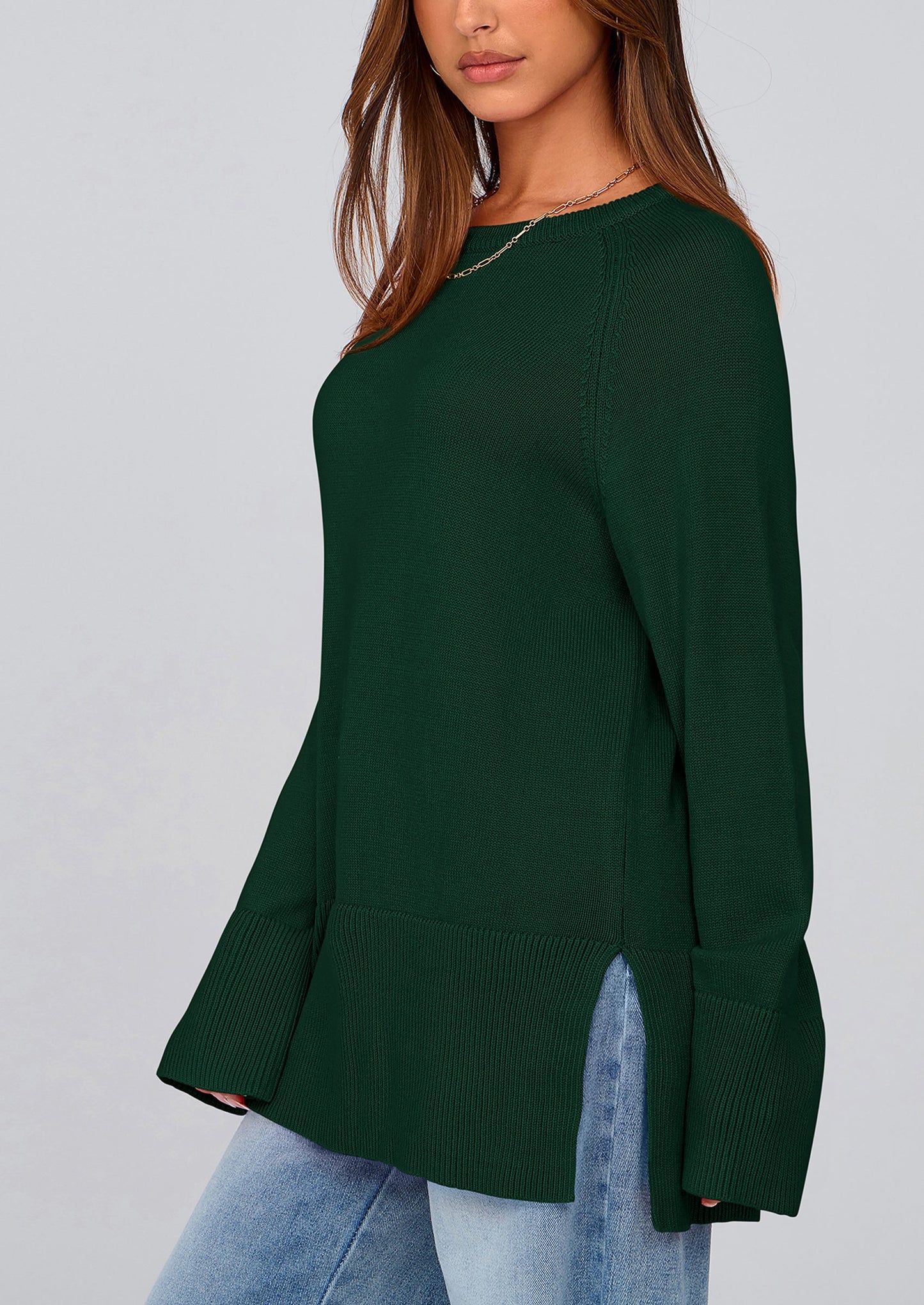 Women's Knit Fall Sweaters Long Sleeve Pullover Crewneck Split Hem Oversized Tunic Sweater Tops Winter Clothing