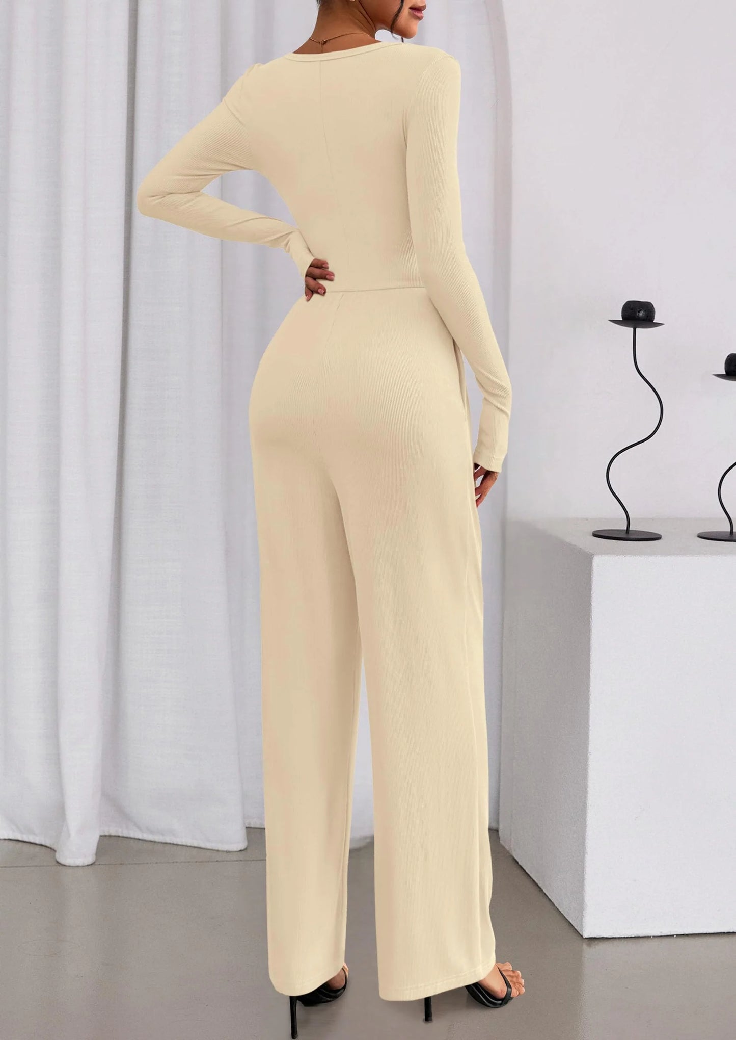 Jumpsuits for Women Dressy Casual Fall One Piece Outfits Long Sleeve Crew Neck Wide Leg Pants Rompers