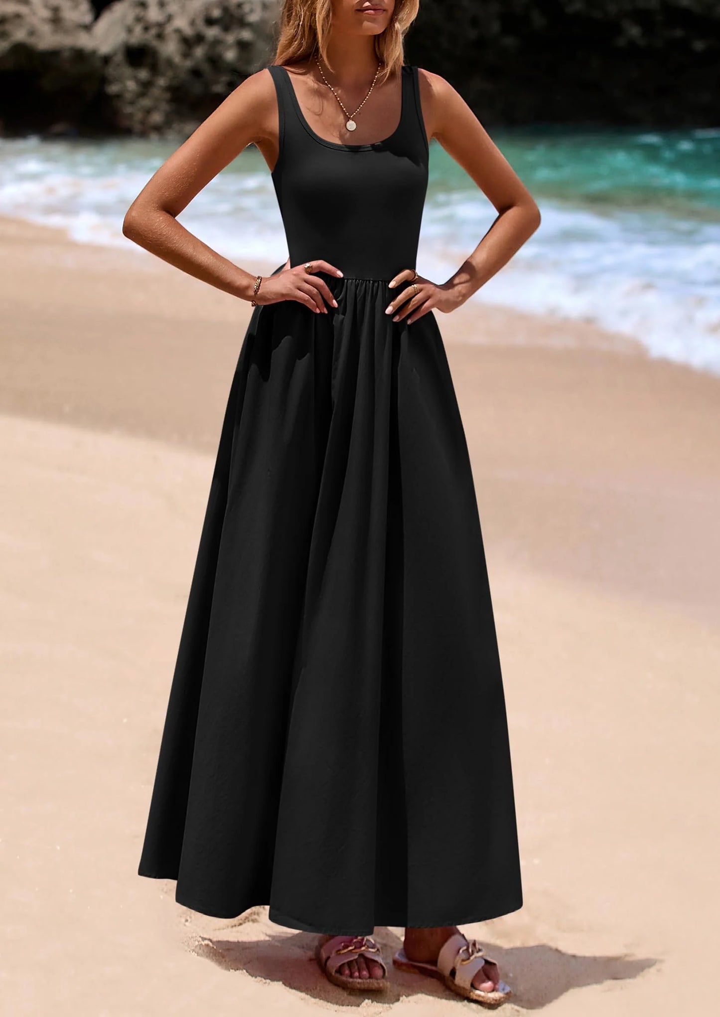Womens Summer Casual Scoop Neck Sleeveless Long Dresses Tank Top Patchwork Aline Swing Maxi Dress with Pockets