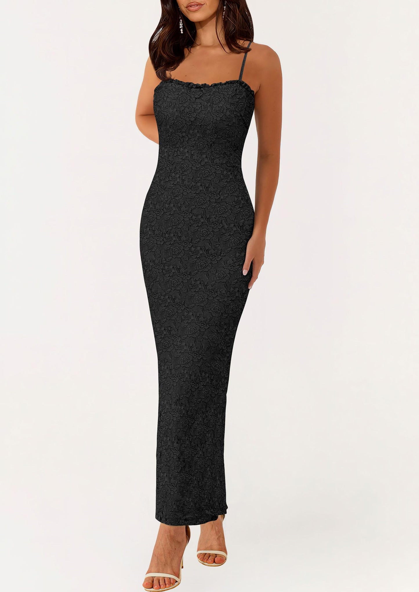 Women's Formal Prom Dress Spaghetti Strap Lace Floral Wedding Guest Evening Bodycon Dresses