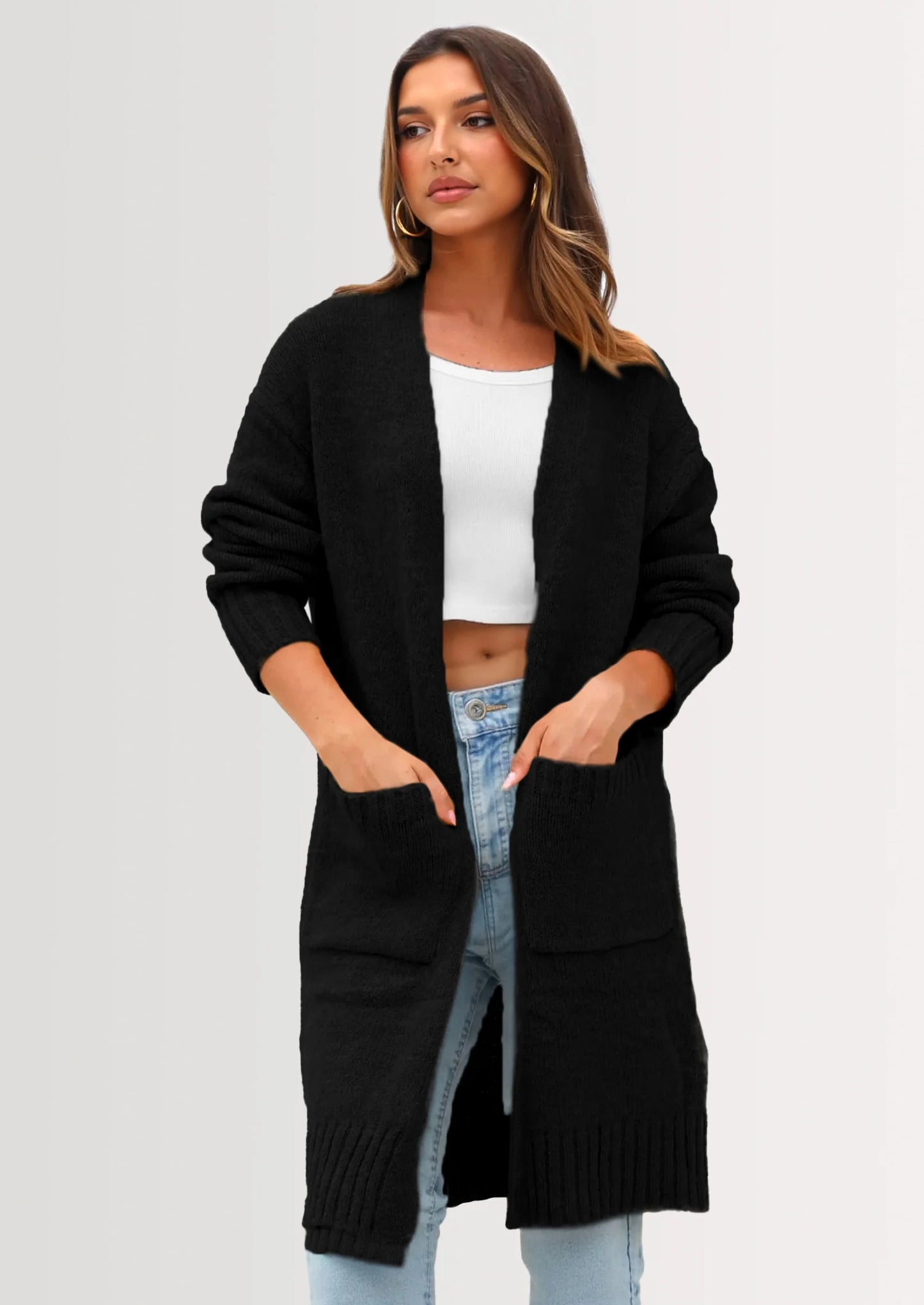 Fall Long Sleeve Cardigan Sweaters for Women Trendy Winter Open Front Loose Knitted Cardigans with Pockets