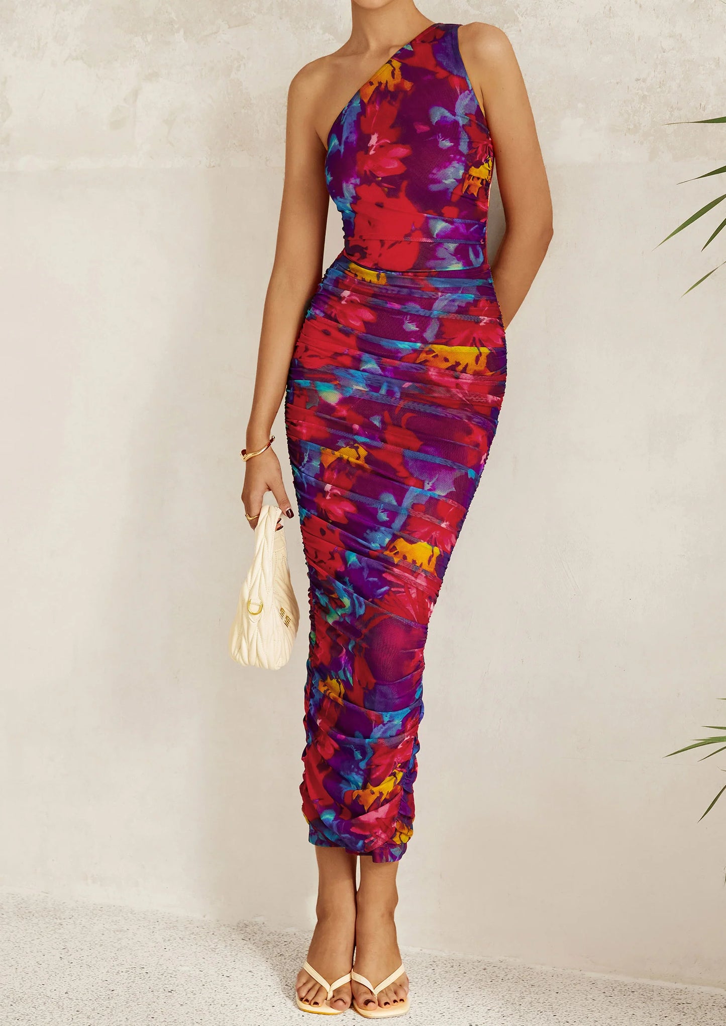 Women's One Shoulder Bodycon Dresses Ruched Floral Beach Cocktail Wedding Guest Dress