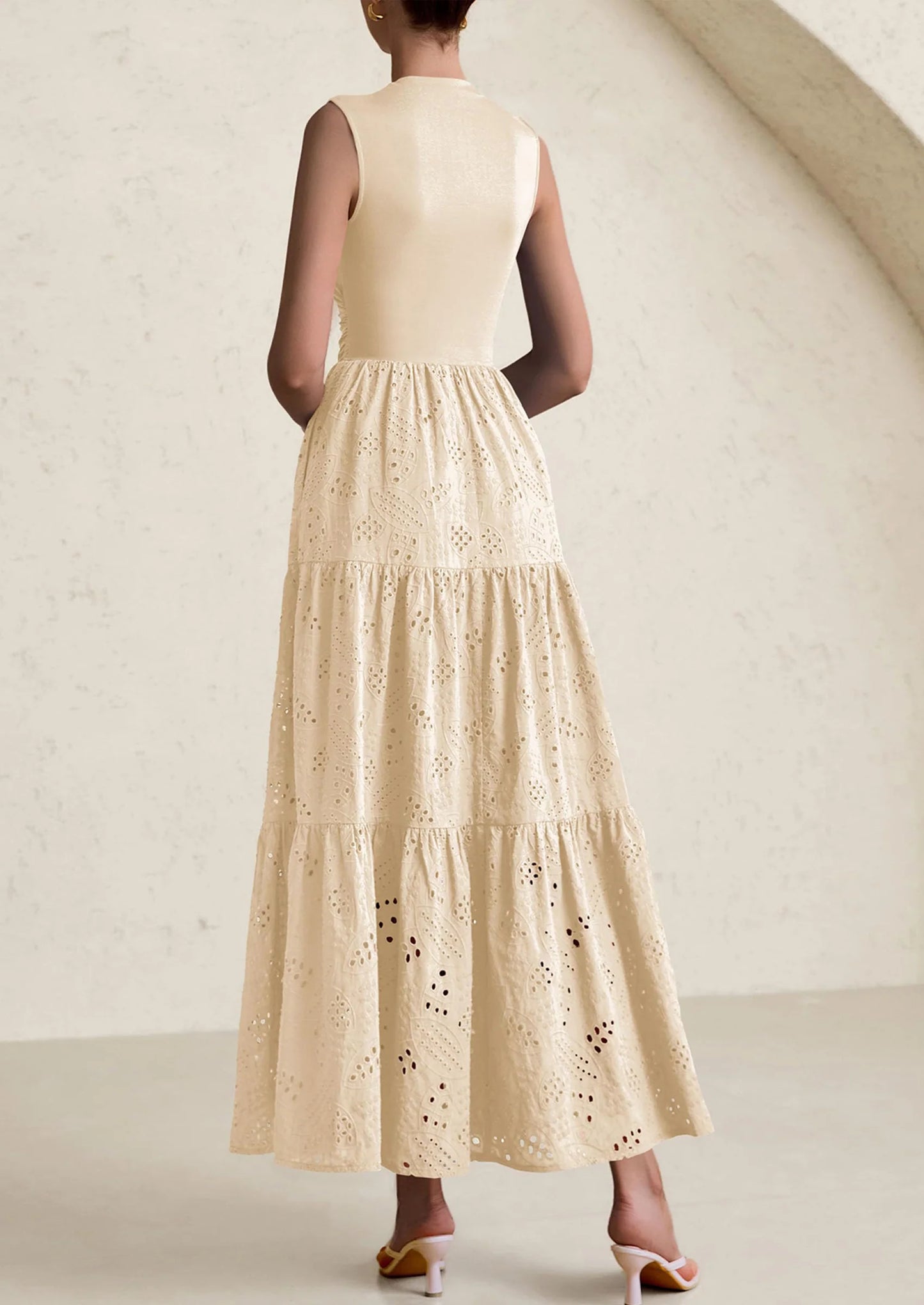 Dresses for Women Casual Eyelet Sleeveless Wedding Guest Maxi Dress Tank Top Sundress with Pockets