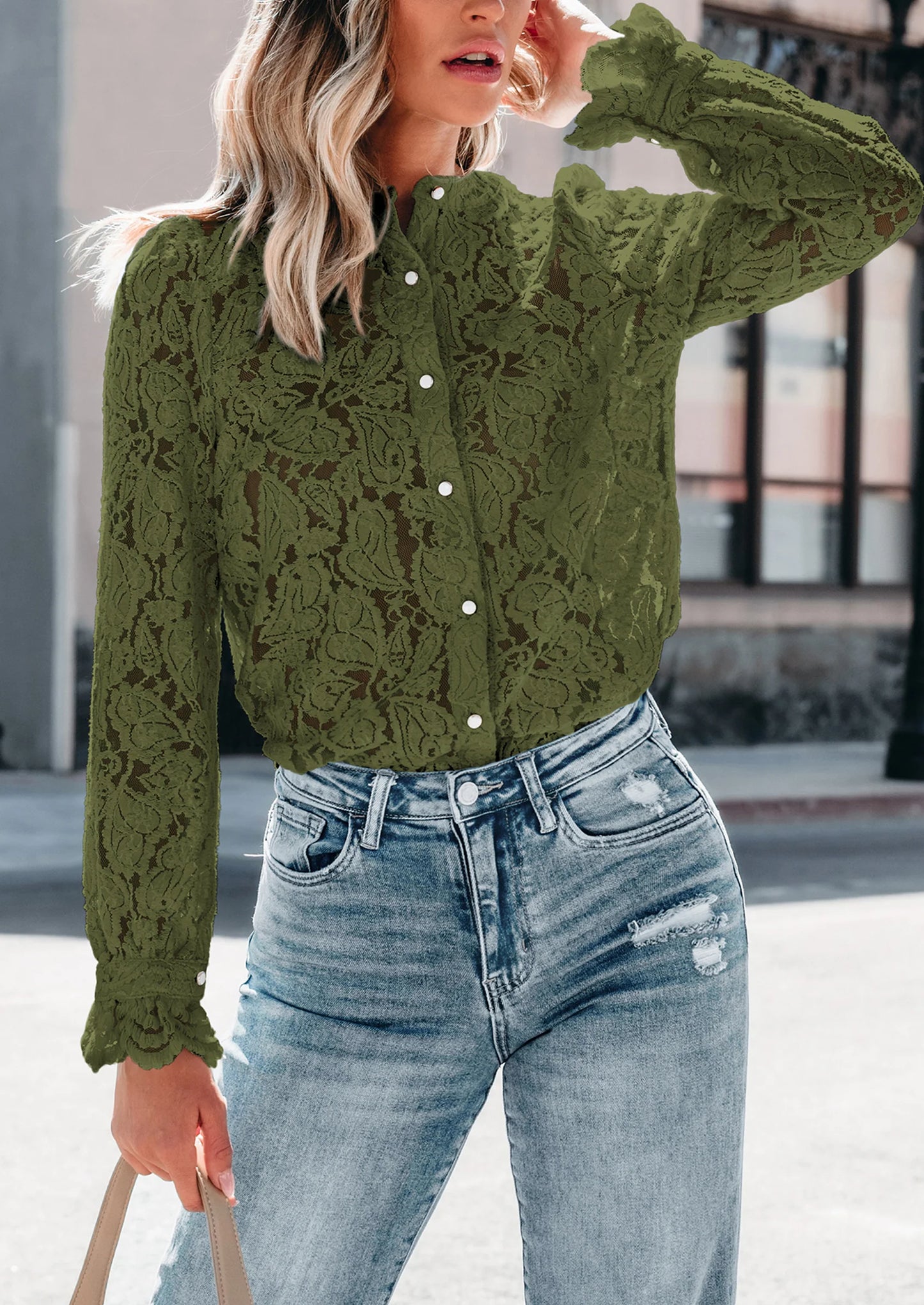 Women's Dressy Casual Lace Blouse Long Sleeve Button Up Shirts Tops Spring Fall Fashion Clothes