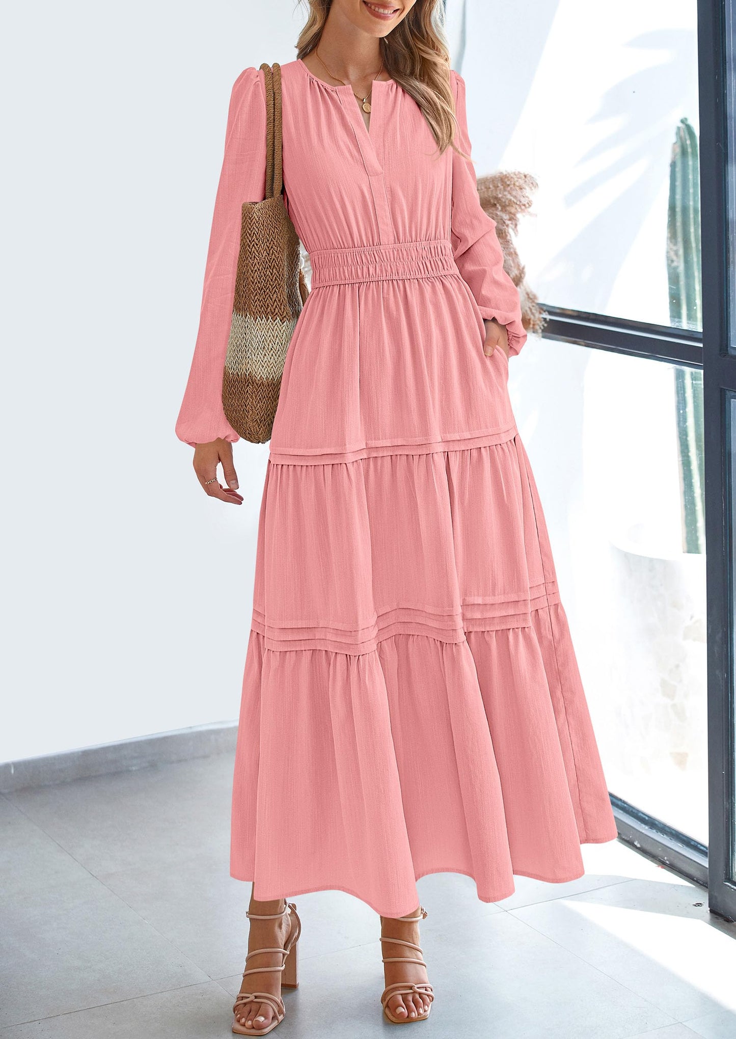 Women's Elegant Maxi Dresses Long Sleeve V Neck Flowy Pockets Casual Modest Dress Fall Fashion Clothes