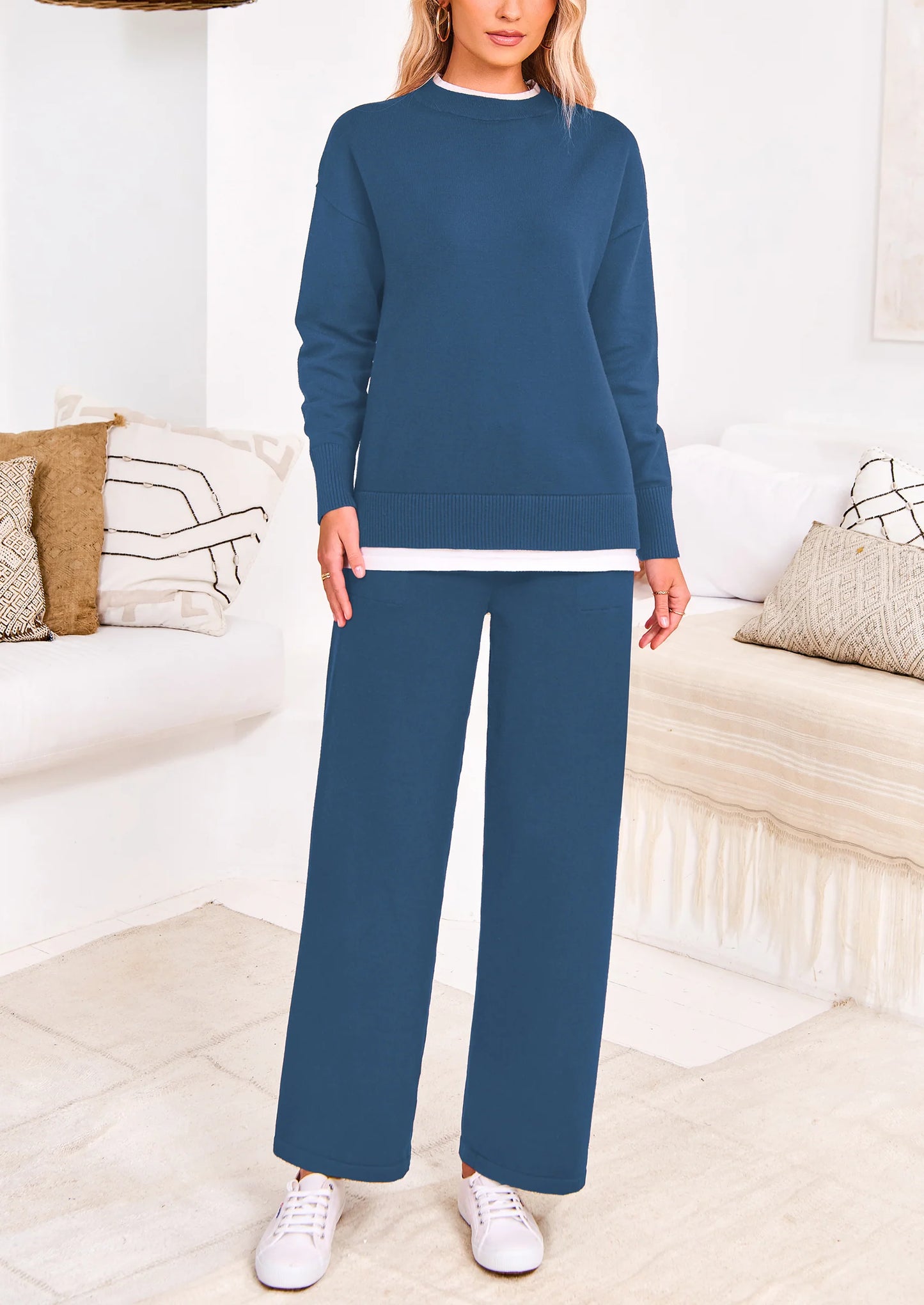 Two Piece Matching Sweater Lounge Sets Knit Long Sleeve Pullover Tops Wide Leg Pants