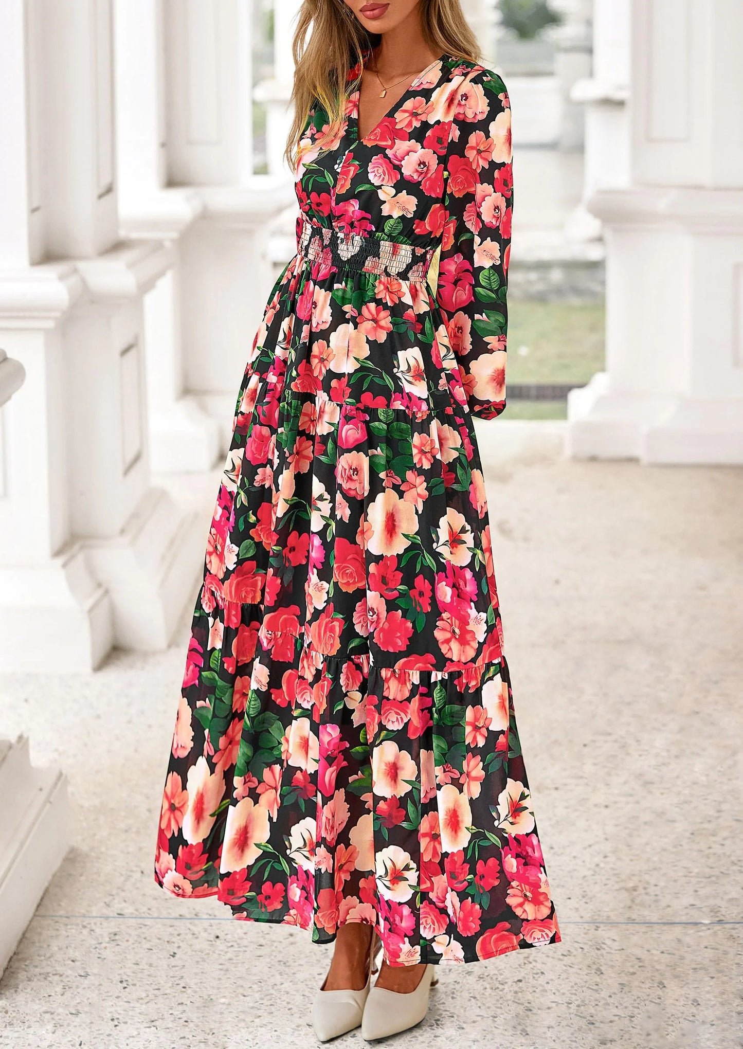 Long Sleeve Maxi Fall Dresses for Women Vneck Smocked Boho Floral Tiered Swing Flowy Wedding Guest Dress
