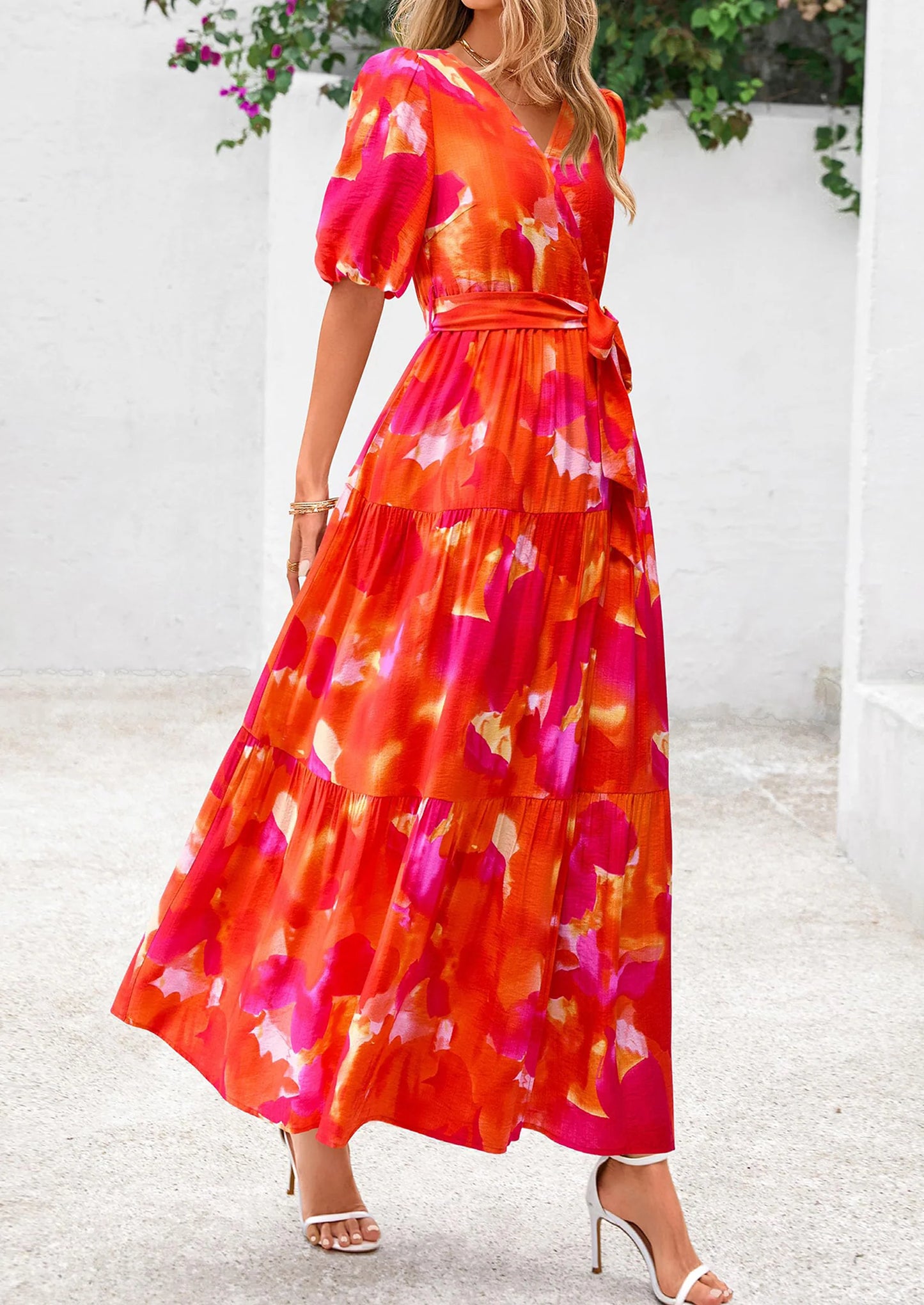 Women's Maxi Dress Resort Wear Boho Floral V Neck Puff Short Sleeve Ruffle Flowy Beach Long Dresses