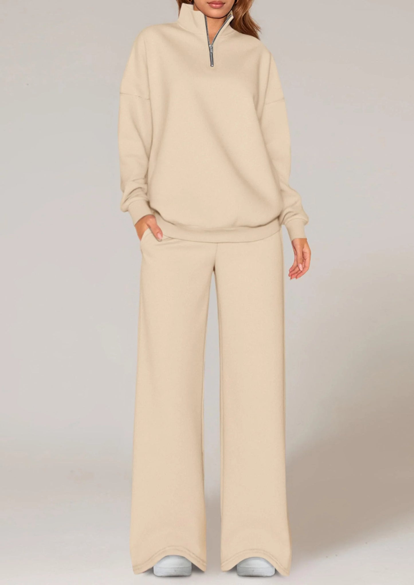 Womens Casual Two Piece Sets Fall Outfits Quarter Zip Sweatshirts Straight Leg Pants Sweatsuits Tracksuit