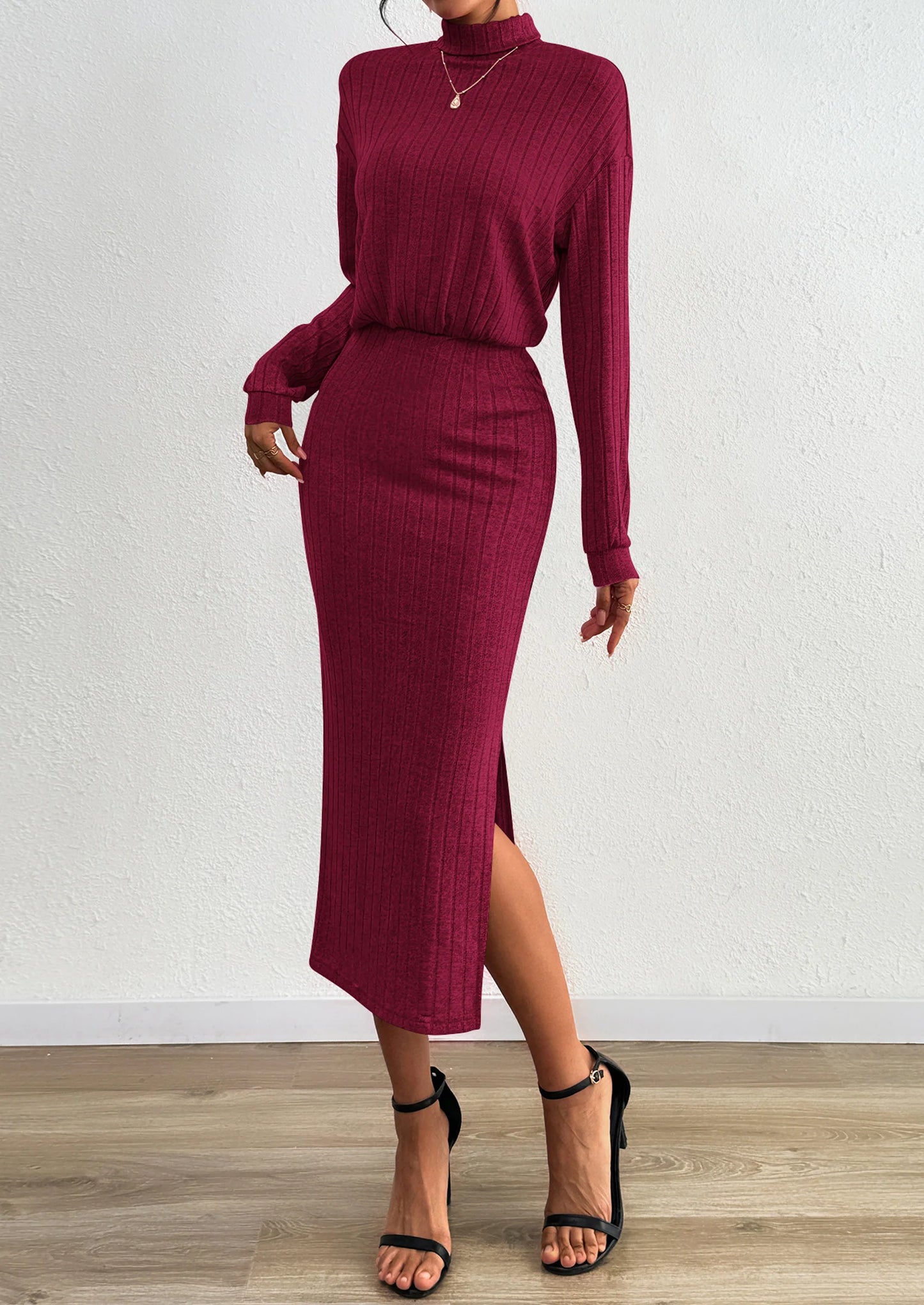 Turtle Neck Dresses for Women Fall Knit Outfits Slit Elastic Waist Long Sleeve Bodycon Midi Sweater Dress