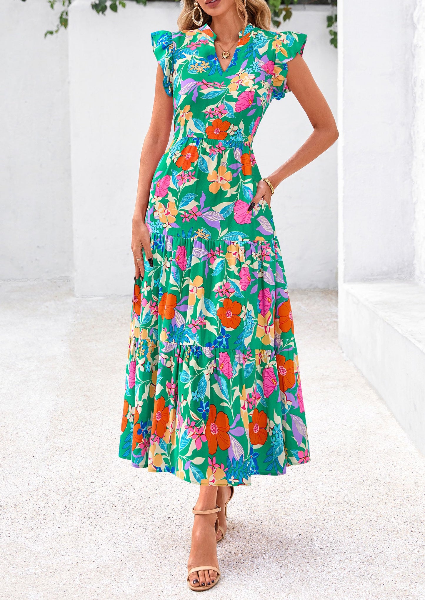 Women's Summer Floral Midi Dress Cap Sleeve V Neck Ruffle Long Flowy Boho Casual Beach Vacation Dresses