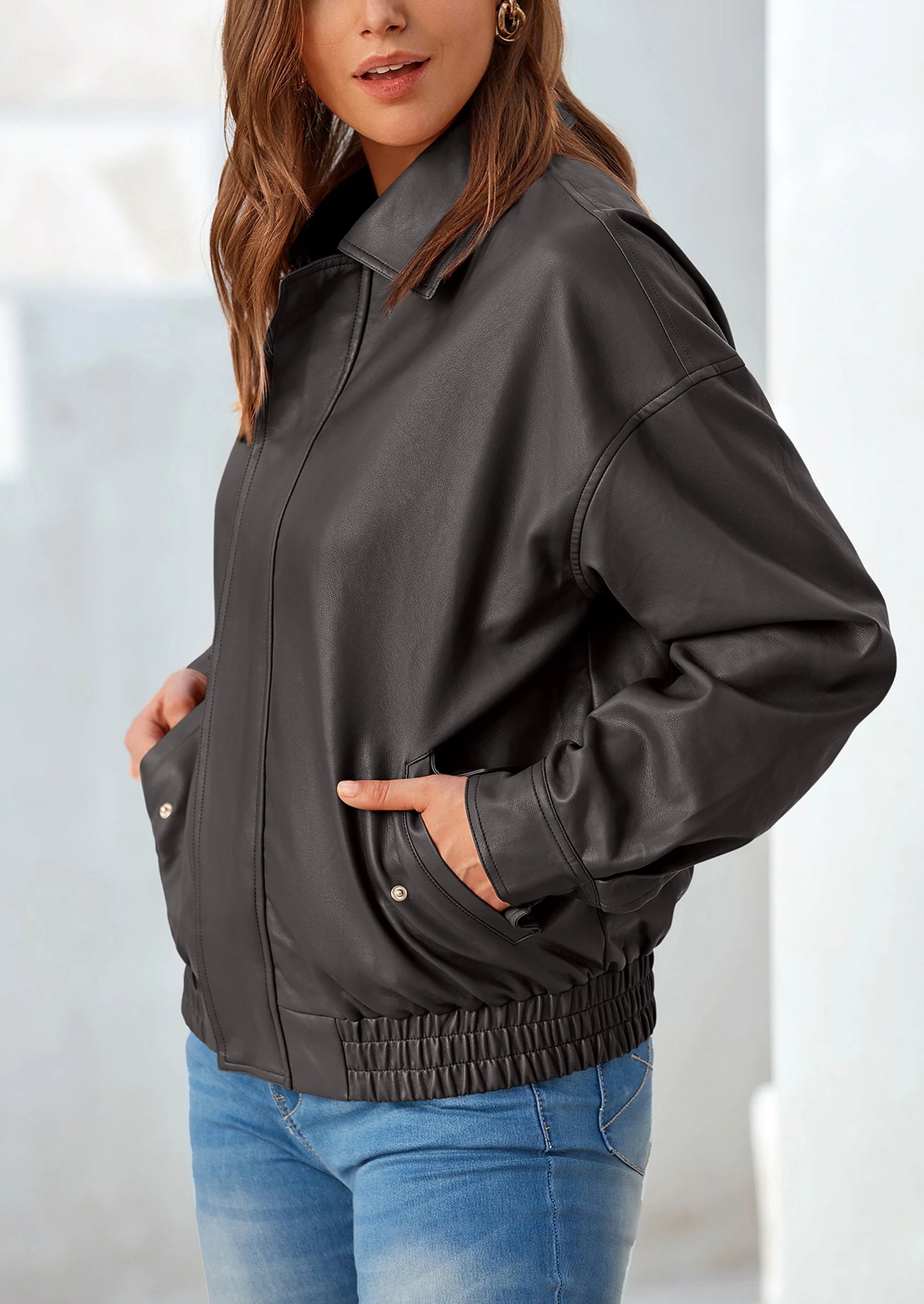 Women's Faux Leather Motorcycle Jacket Trendy Fall Spring Clothes Oversized Zip Up Winter Coat Outerwear