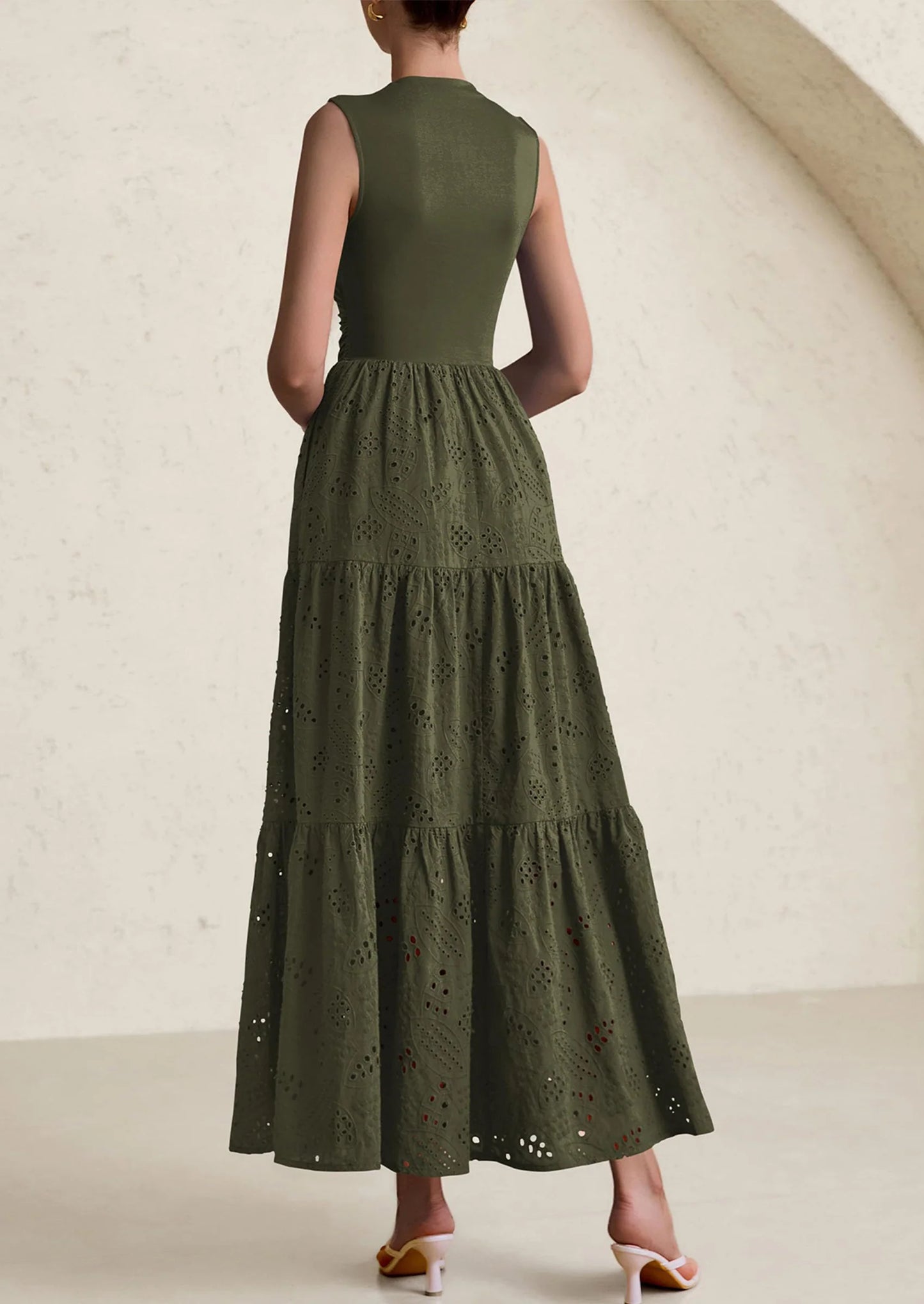 Dresses for Women Casual Eyelet Sleeveless Wedding Guest Maxi Dress Tank Top Sundress with Pockets