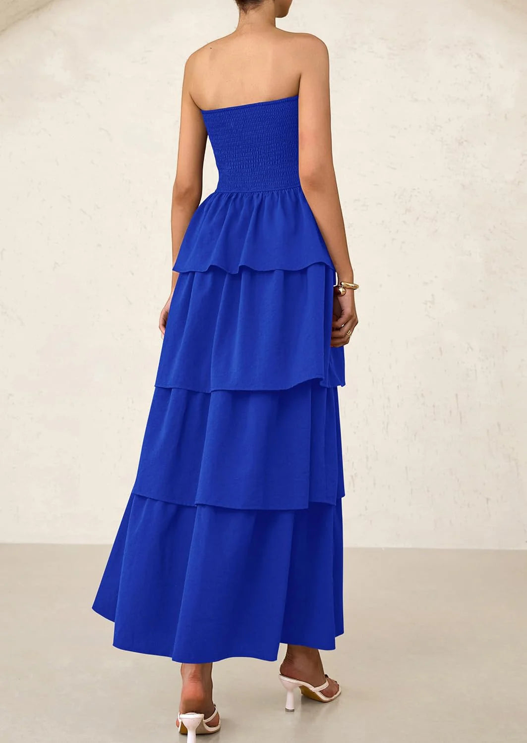 Maxi Dresses for Women Off Shoulder Smocked Tiered Ruffle Long Flowy Wedding Guest Dress