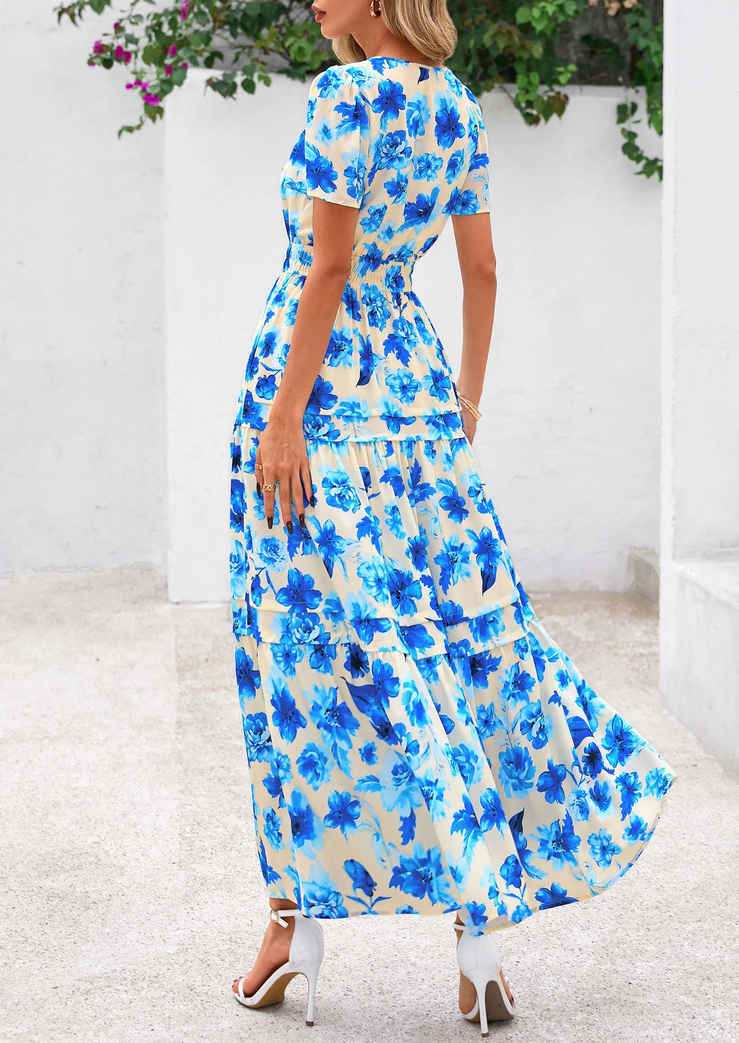 Women's Boho Maxi Dresses Floral Short Sleeve V Neck A Line Tiered Flowy Long Beach Vacation Dress