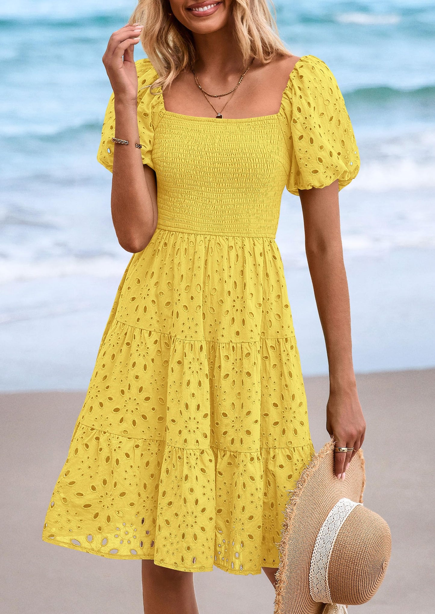 Womens Summer Puff Sleeve Mini Dress Off Shoulder Eyelet Smocked A Line Casual Babydoll Short Dresses