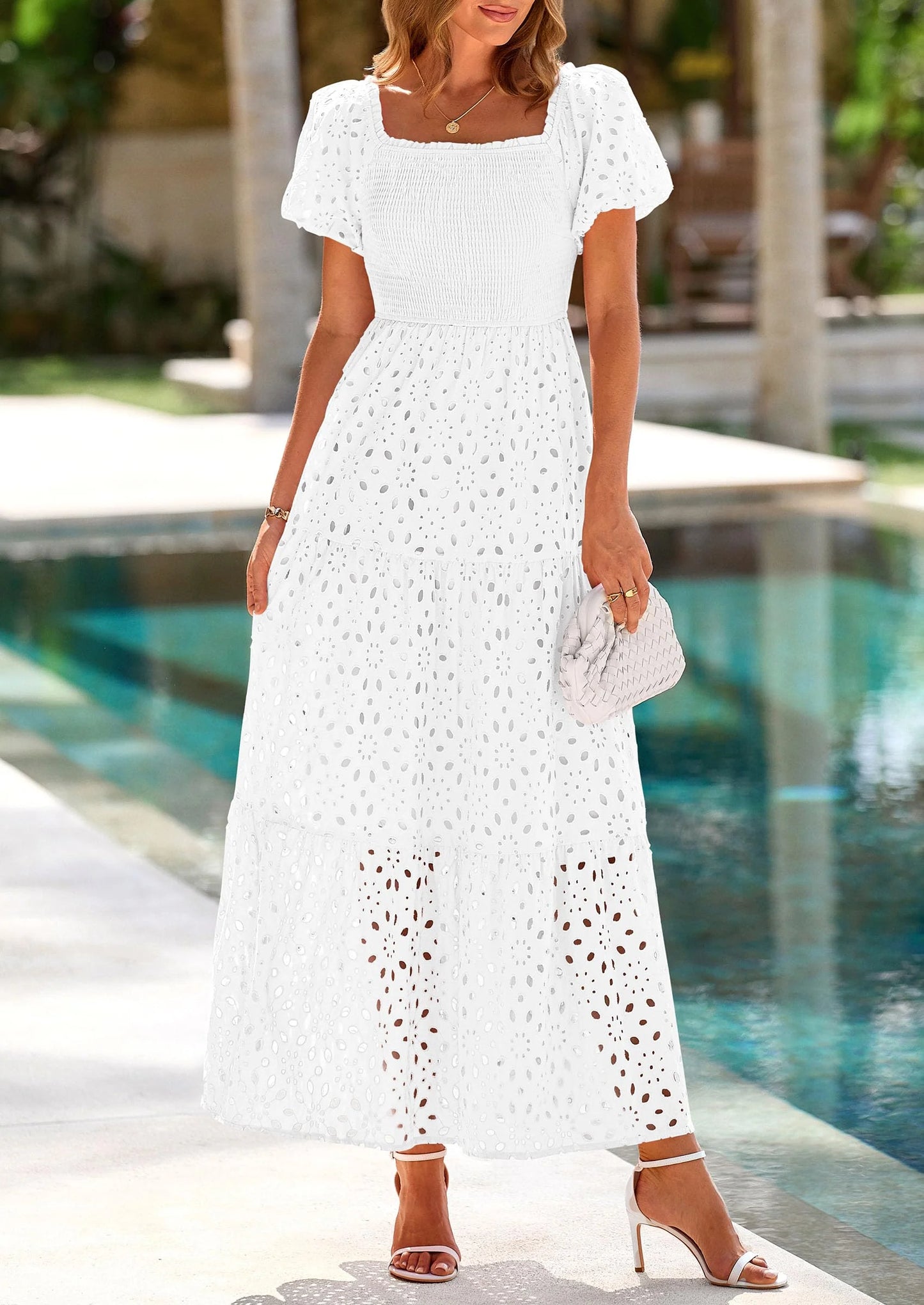 Dresses for Women Eyelet Square Neck Puff Sleeve Smocked Wedding Guest Maxi Dress with Pockets